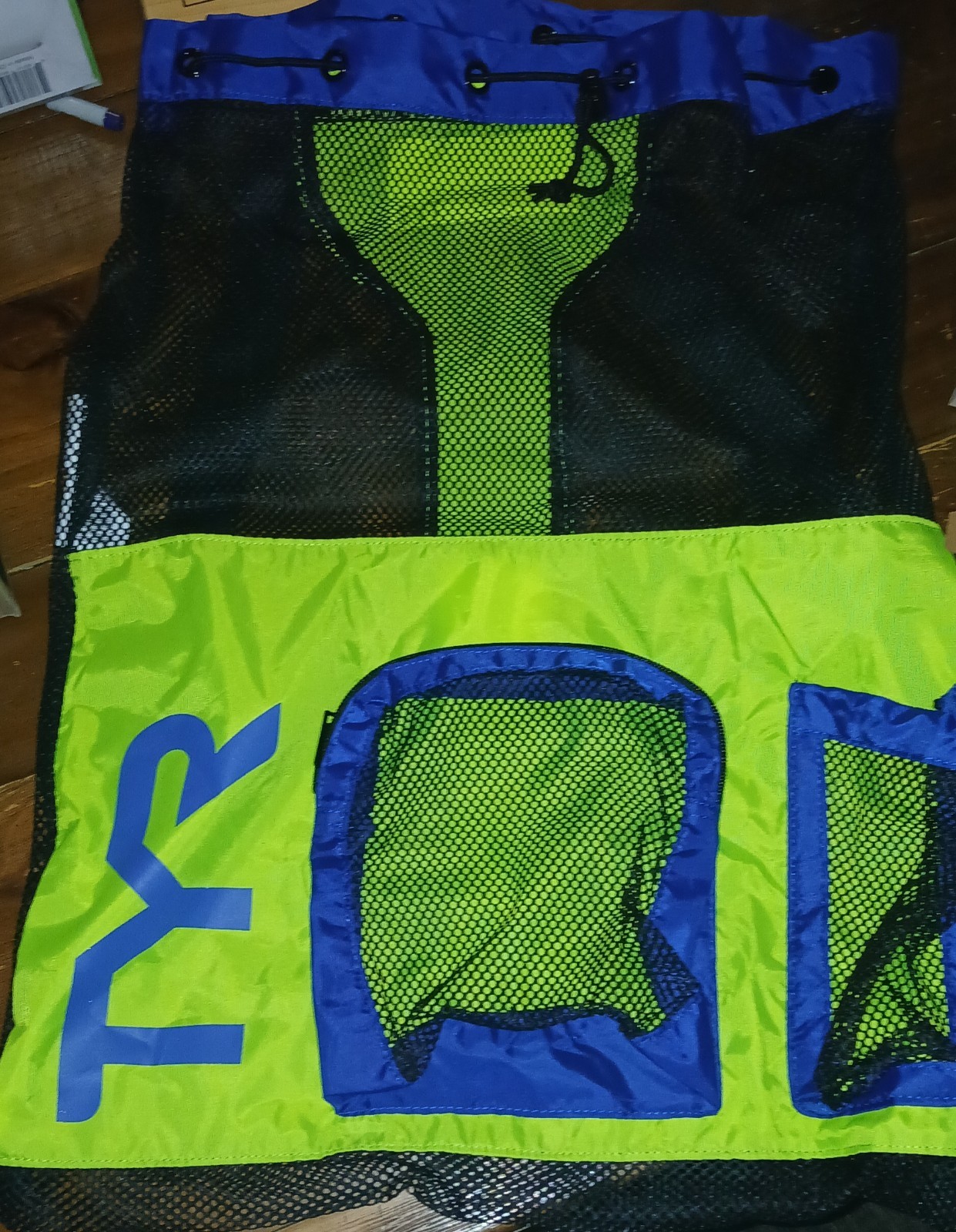 TYR Mesh Swim Gear Backpack Bag, Green Blue Mesh Backpack Swim Bag