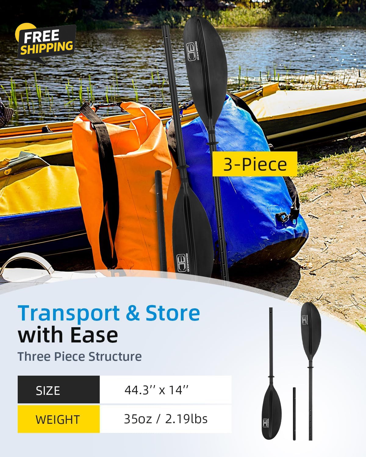 Adjustable Carbon Fiber Kayak Paddle 86In/220Cm to 94In/240Cm Kayaking Oar