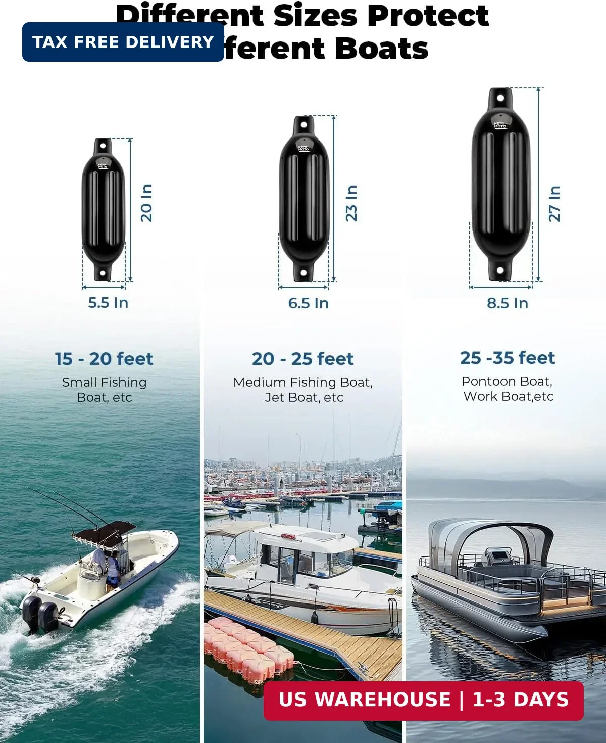 KEMIMOTO Boat Fenders Bumpers for 15-35ft Boats, 4 Pack Inflatable Boat Fenders