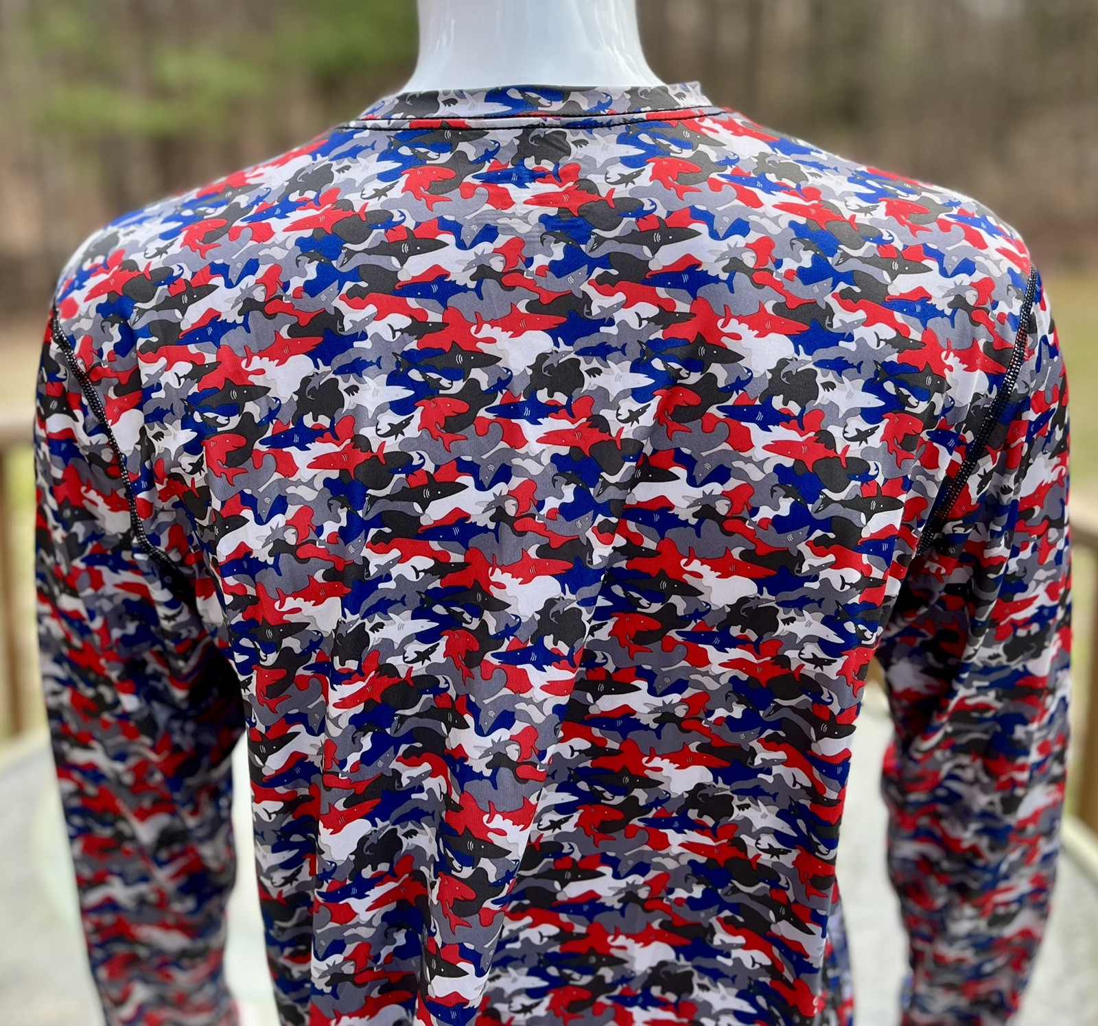InGear Men’s UPF 50+ Rash Guard – Red, White & Blue Shark Camo Long Sleeve S-3XL