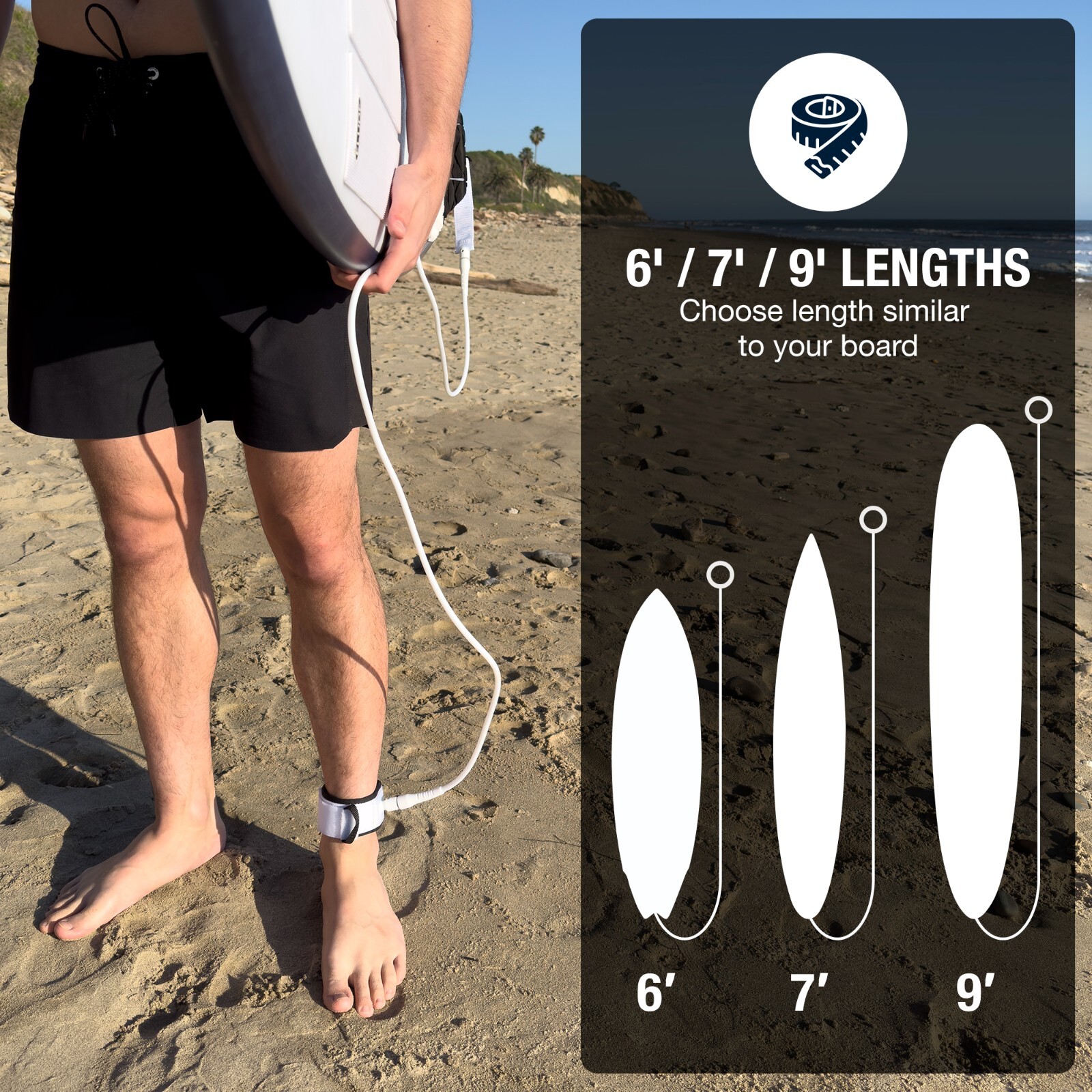 ELUDE Surfboard Leash 6ft (5mm Comp) Maximum Strength (White)