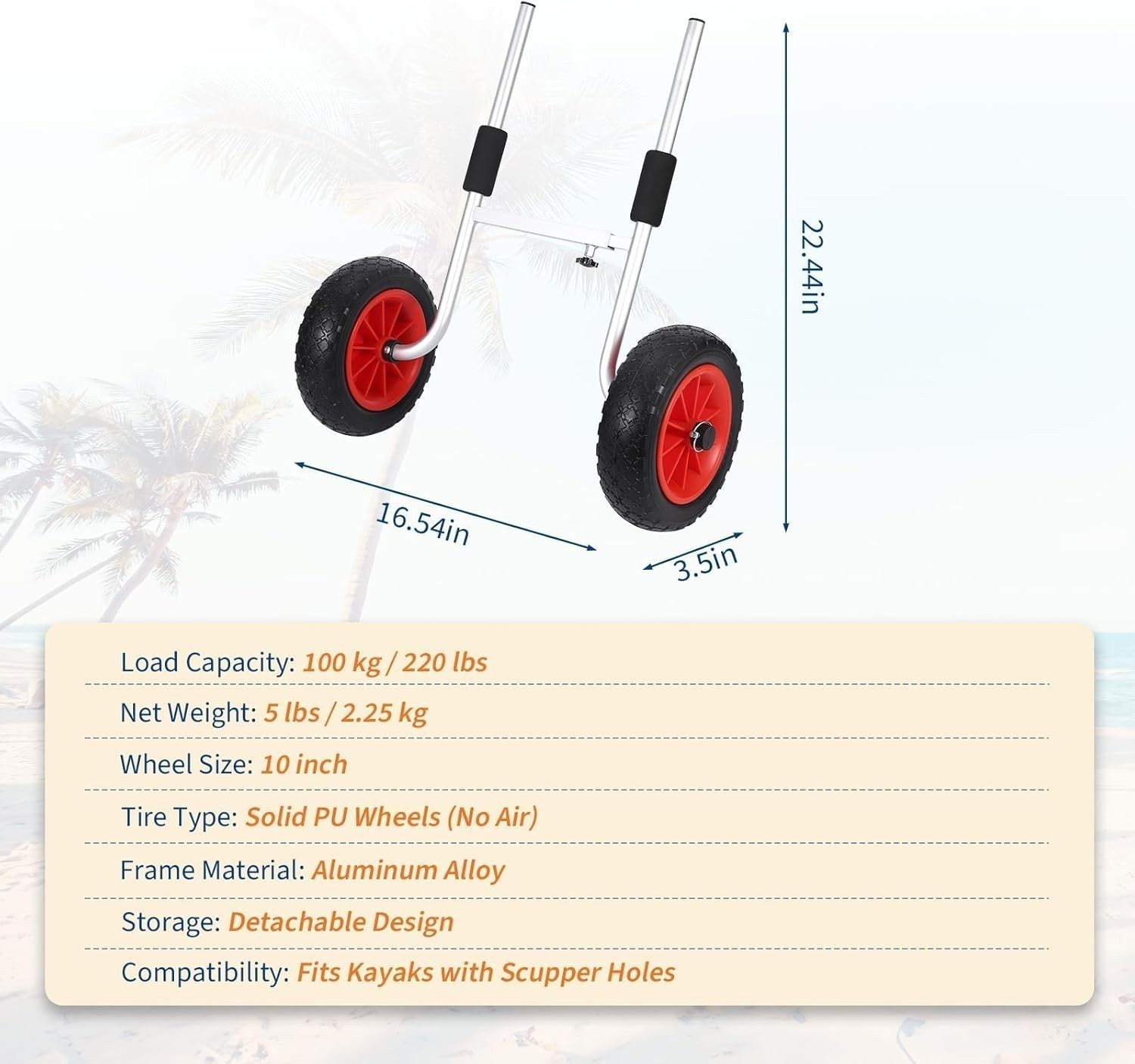 🔥Garvee Kayak Cart for Beach, 220 lbs Capacity, 10″ Solid PU Wheels No Flat Tir
