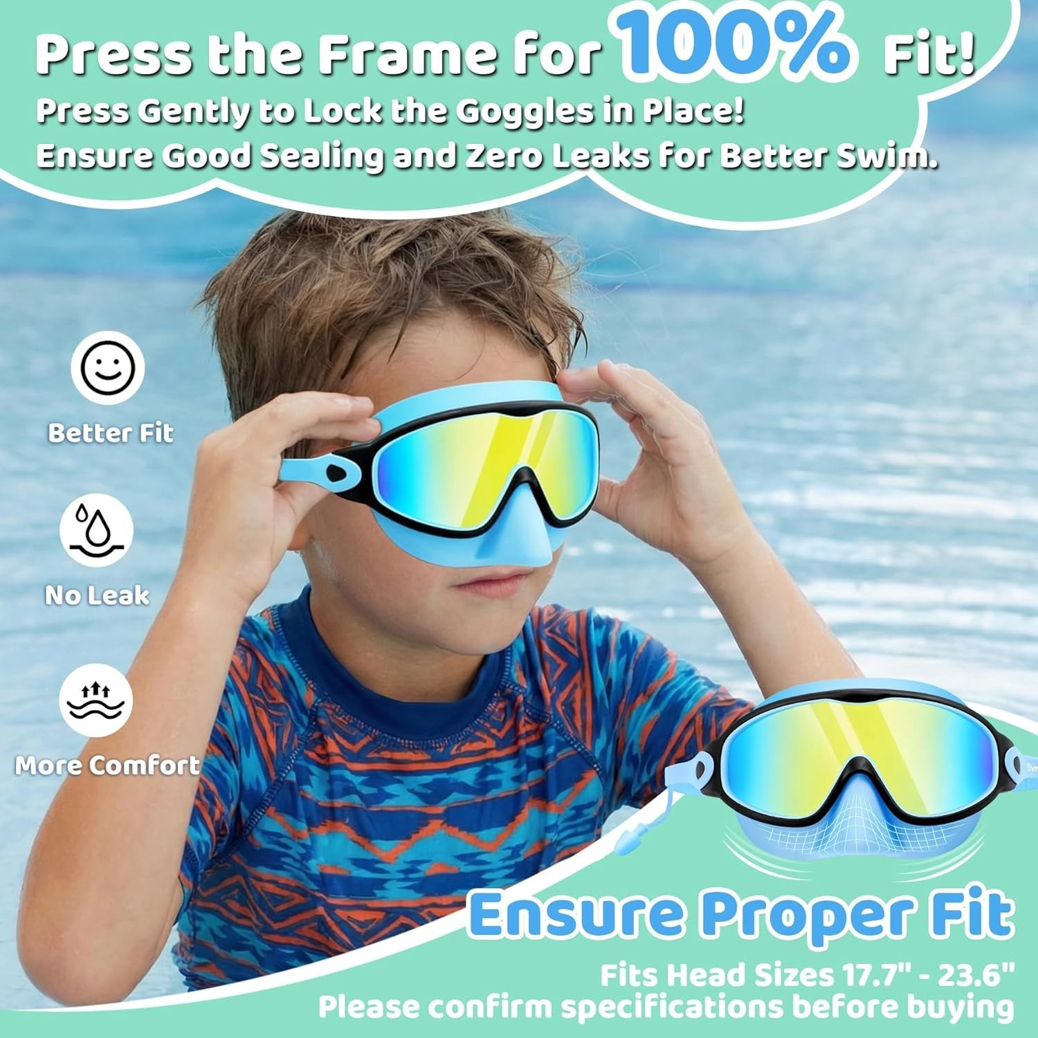 Kids Swim Goggles with Nose Cover & Attached Earplugs, Anti-Fog Wide View Swi…