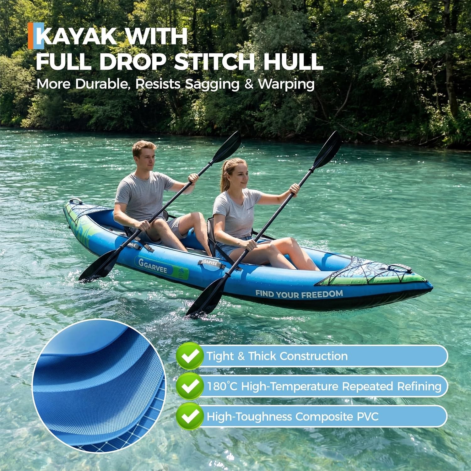 2 Person Inflatable Kayak 12.5ft Fishing Kayak Padded Seats 3 Fins Hand Pump