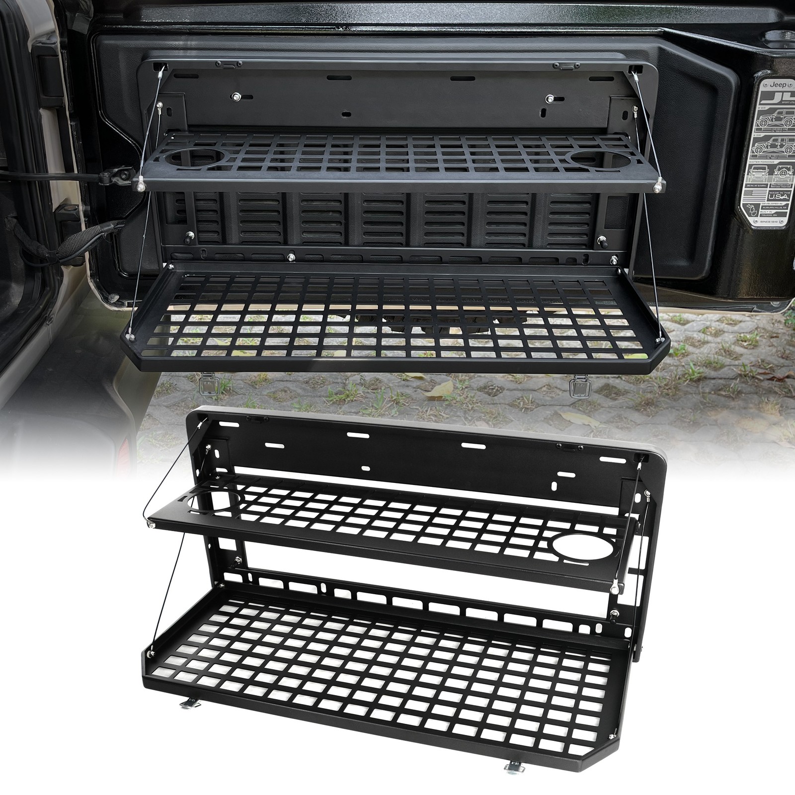 Tailgate Table for Jeep Wrangler JK JL, Folding 2-Tier Cargo Rack Molle Panel