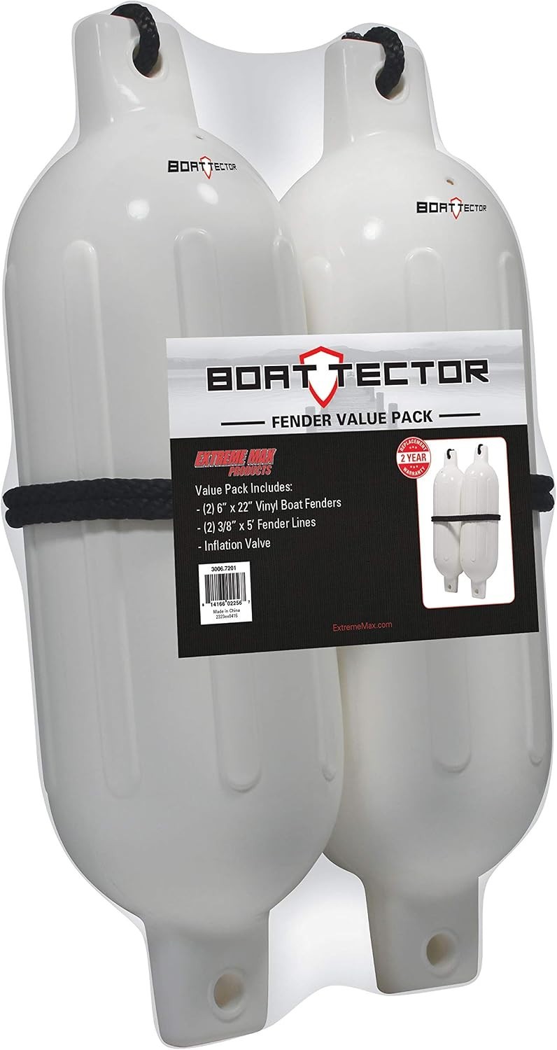 2-Pack BoatTector Inflatable Fenders 6.5″ x 22″ – UV Resistant White