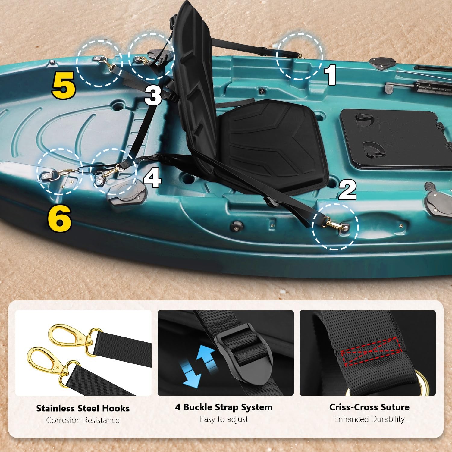 HLOGREE 6-Point Attachment – Thick Padded Kayak Seat Cushion Thicken, BLACK