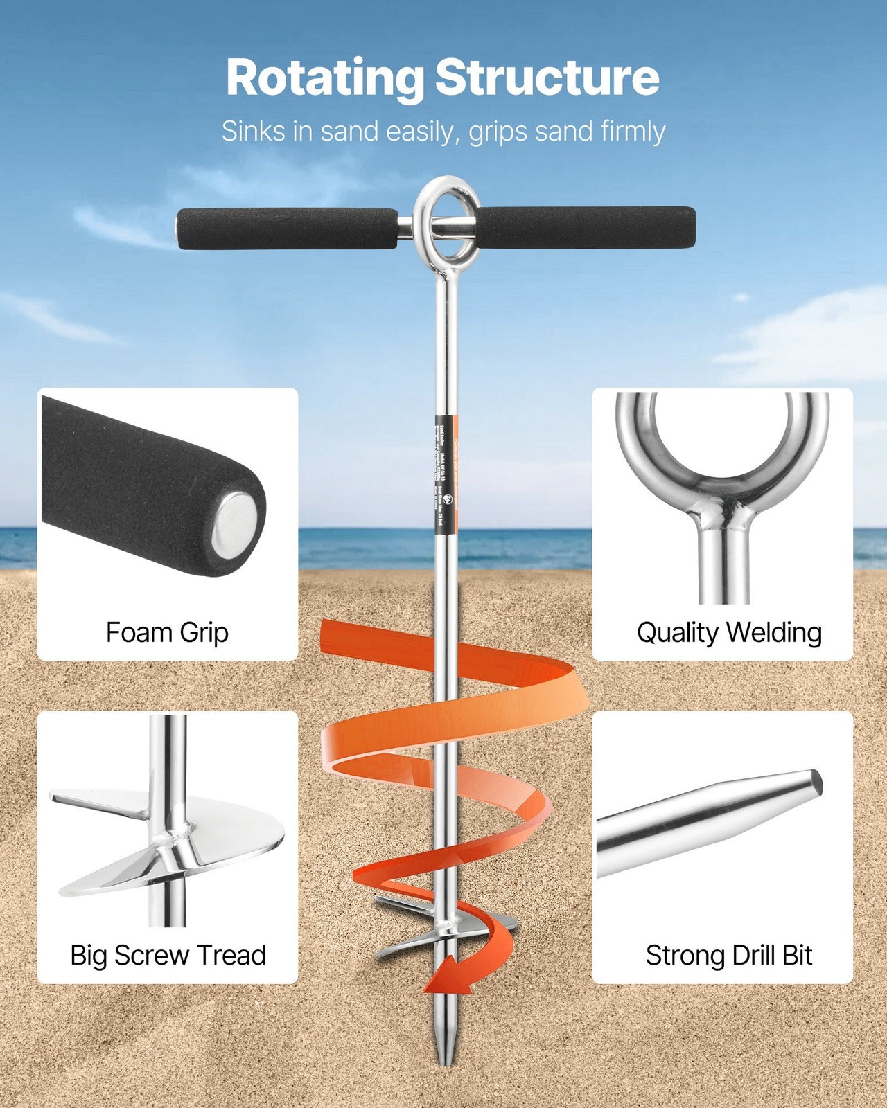 304 Stainless Sand Anchor 18in, Screw-In Boat Anchor for Beaches & Sandbars