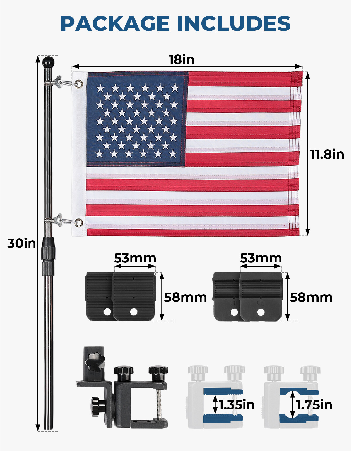 KEMIMOTO Boat American Flag Pole Kit 360° Adjustable 12”x18” Pontoon Boat Flag
