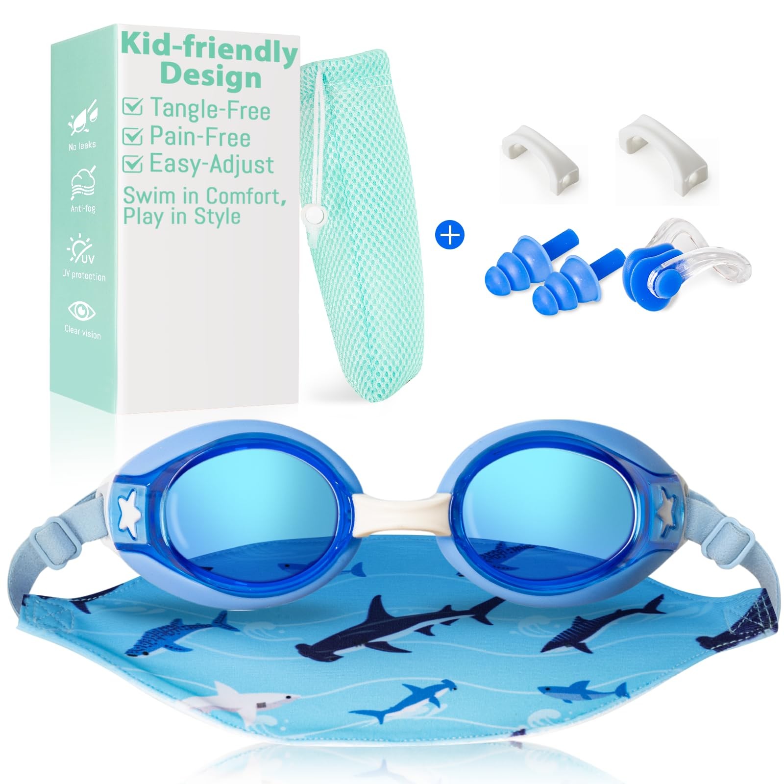 Pixel Panda Kids Swim Goggles with Fabric Strap for 3-12, 1pc – Blue