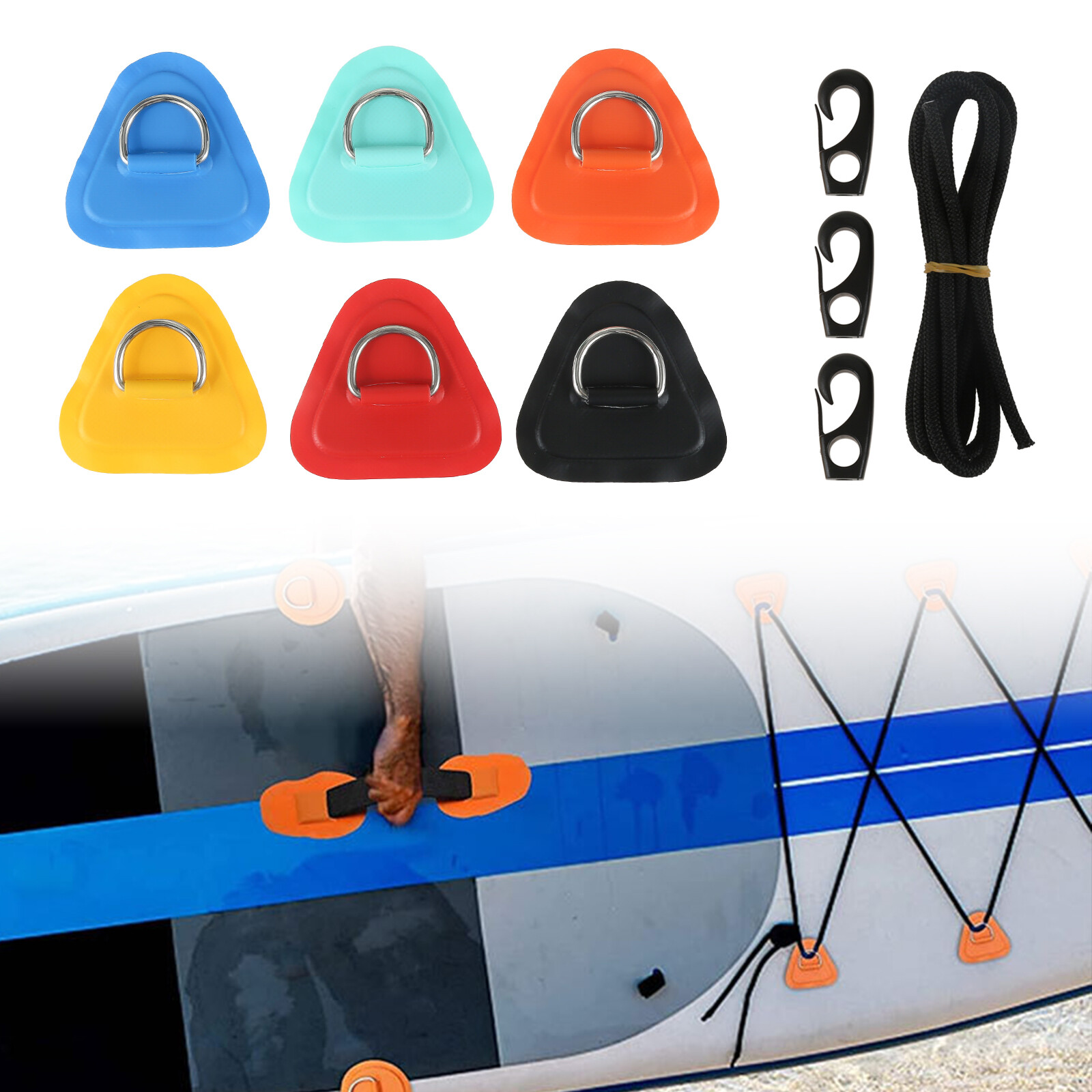 6pcs Useful Boat Surfboard Kayak Dinghy D Ring Patch & 6 Hooks Deck Rigging Kit