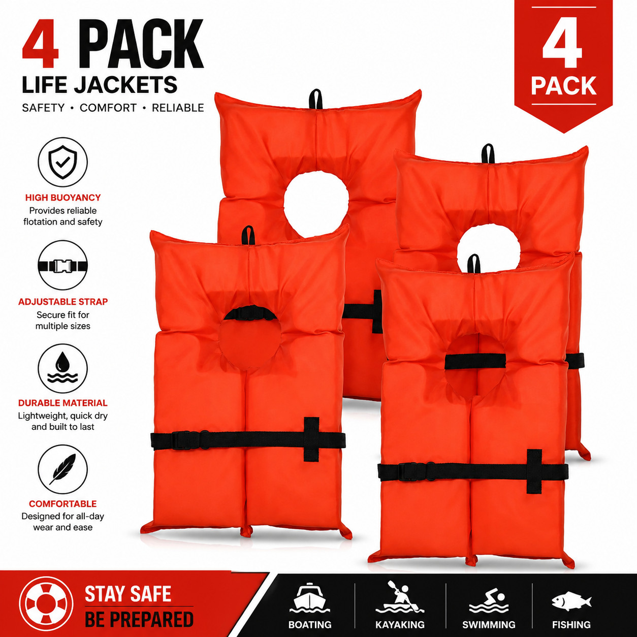 4 Pack Type II Life Jacket Vest, Orange, USCG Approved, Adult Fishing Boating
