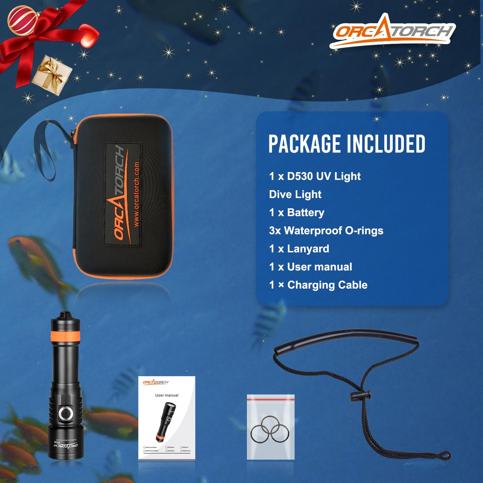 ORCATORCH D530 Scuba Dive Light, 395NM LED UV Light Blacklight, 8 Degrees Narrow