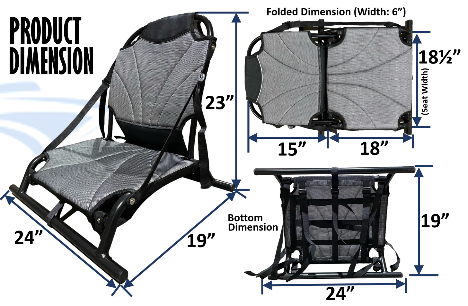 Pactrade Marine Foldable Lightweight Kayak Seat, (black straps, gray textilene)