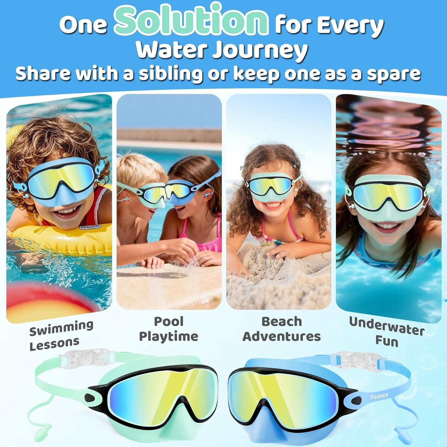 Kids Swim Goggles with Nose Cover & Attached Earplugs, Anti-Fog Wide View Swi…