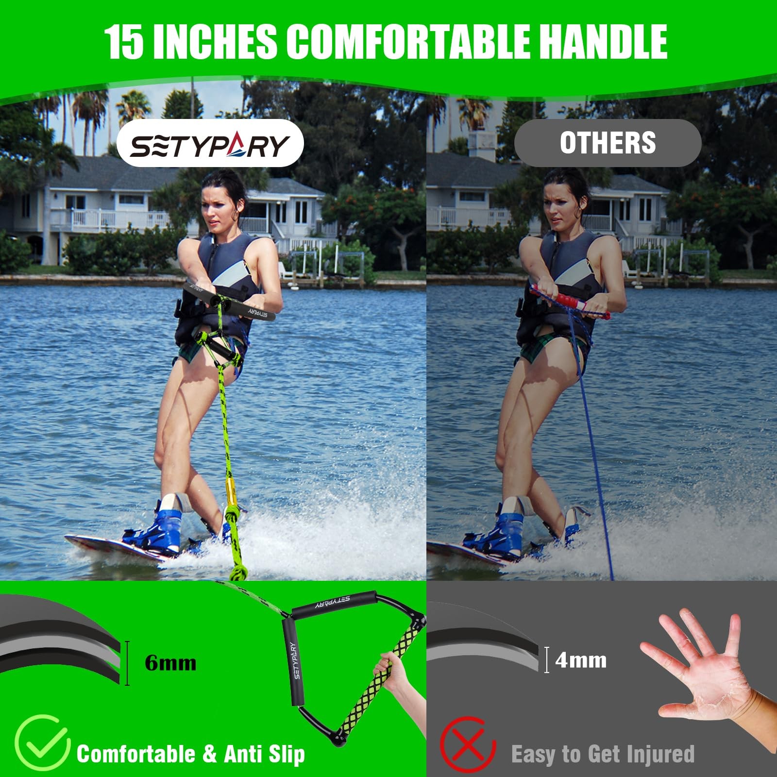 SETYPARY 75FT Wakeboard Rope and Handle, Floating Water 75ft, Green & Black