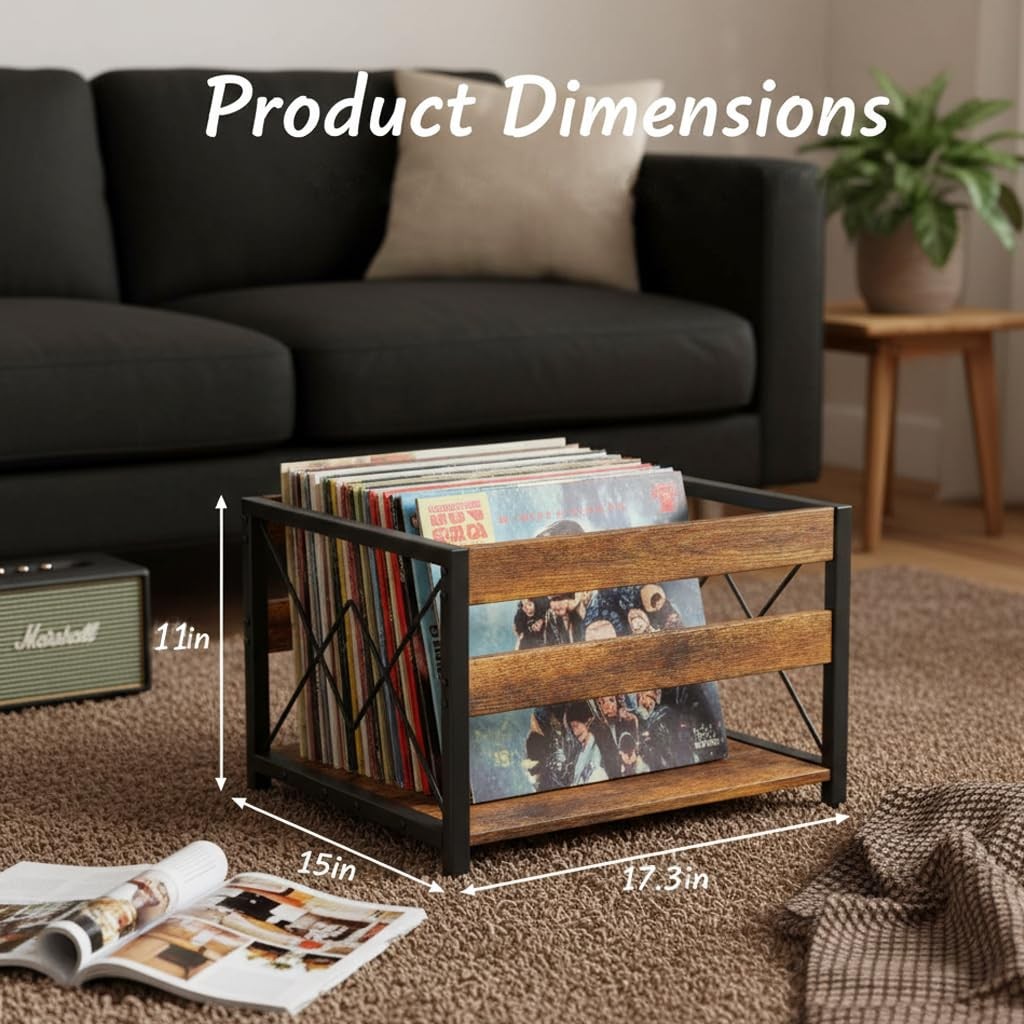 Y&M Vinyl Record Storage Crate, Wooden Cube Brown Black (1 Pack), Retro
