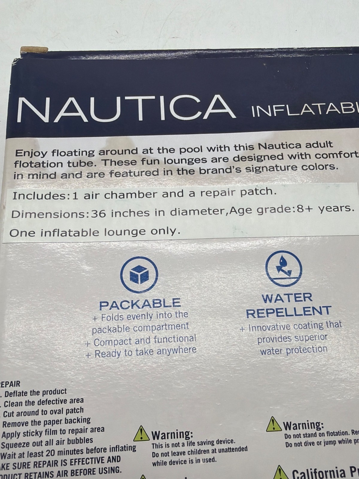 Nautica Inflatable Inner Tube With Repair Kit 36-Inch Diameter Water Repellent &