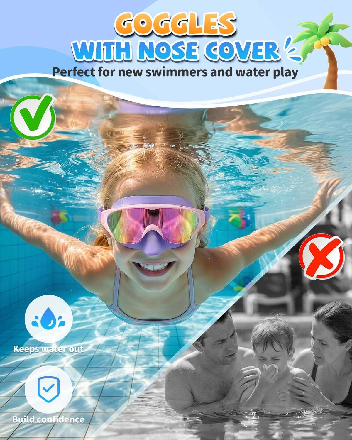 Zoomsnail Kids Swim Goggles with Nose Cover, Leakproof Anti-fog UV Lens Toddlers