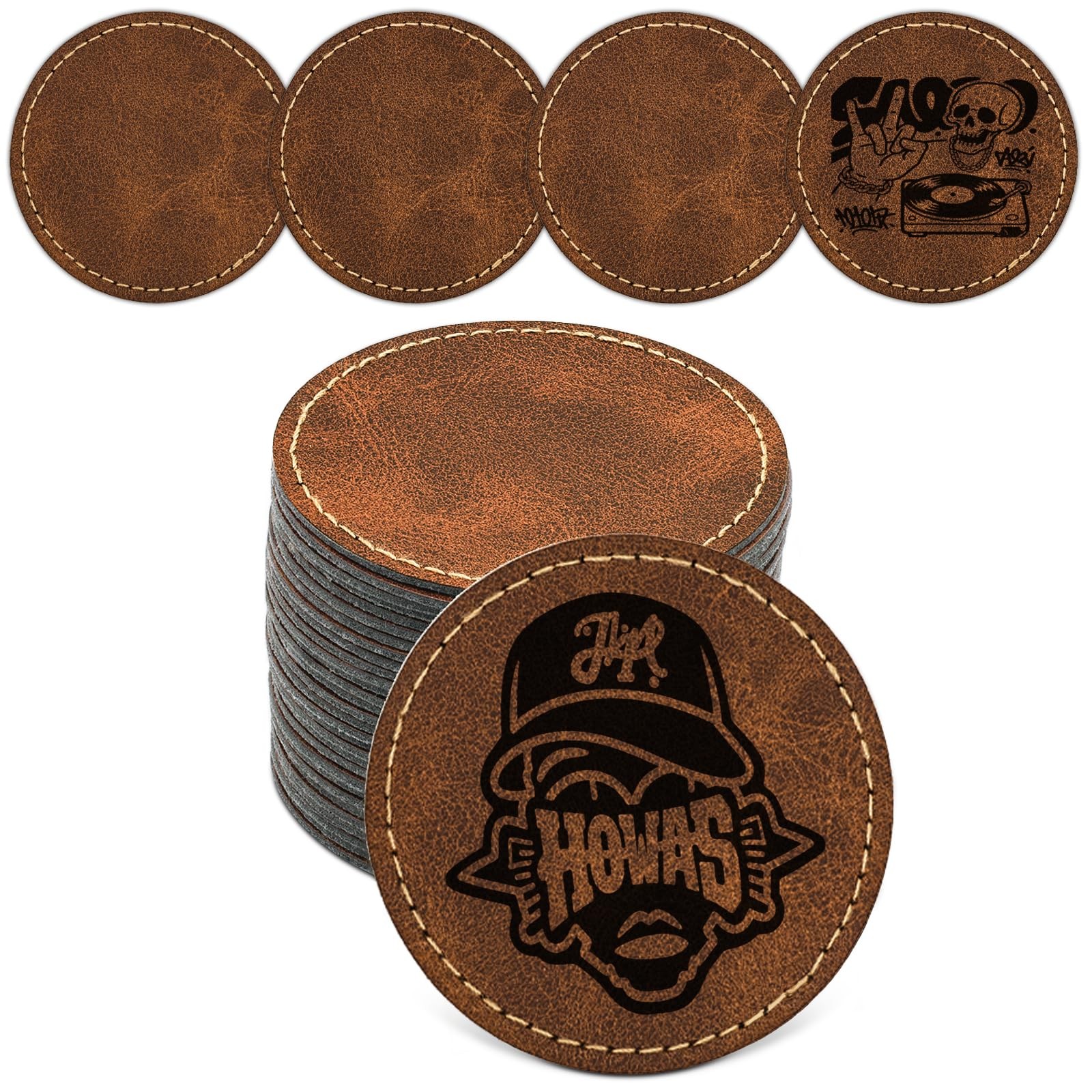 Blank Leatherette Patches for Hats, Iron On 2.5×2.5 inches, 36Pcs Round Retro