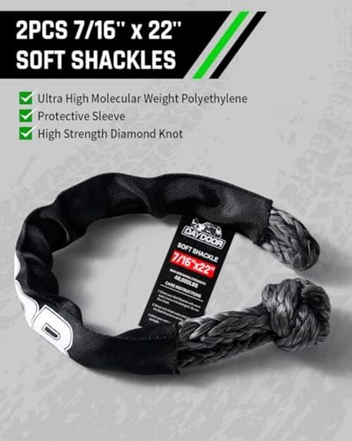 Recovery Tow Rope Kit with 2 Soft Shackles, 7/16 Inch x 30 ft 31,200 Lbs