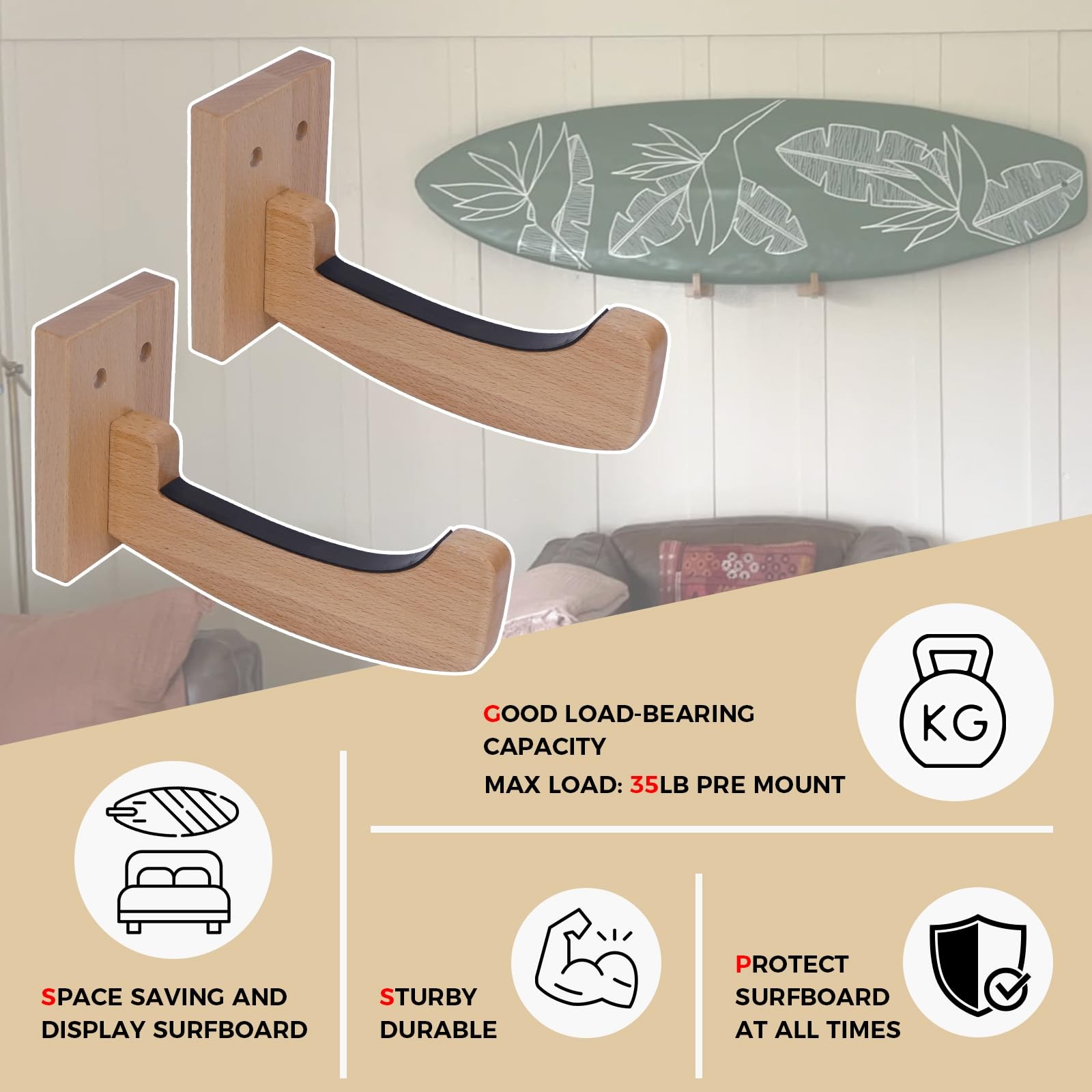 Surfboard Wall Mount Wooden Surf Board Wall Racks for Storage and Display You…