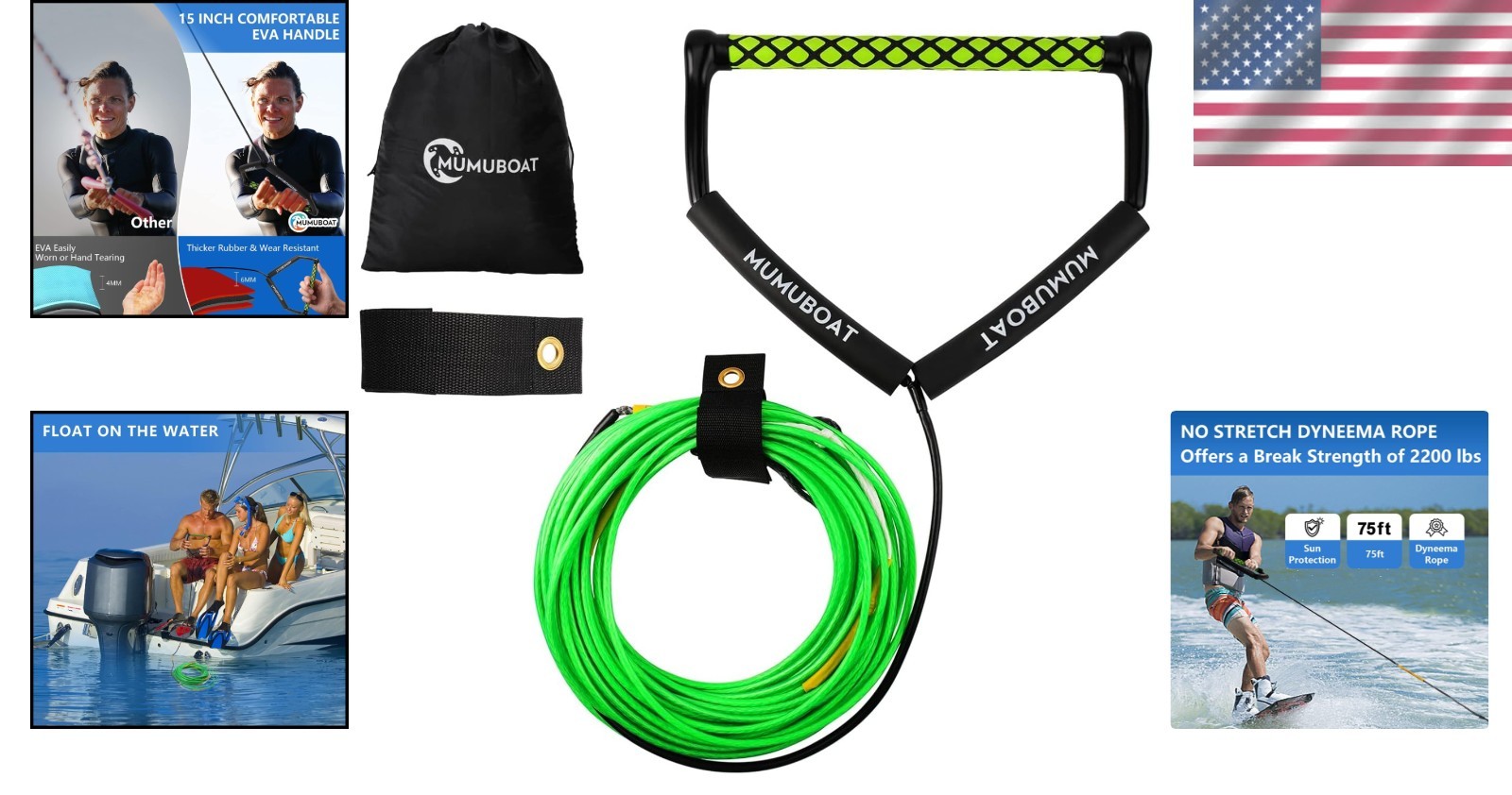 Dyneema Wakeboard Rope 75ft – No Stretch – 2200 lbs