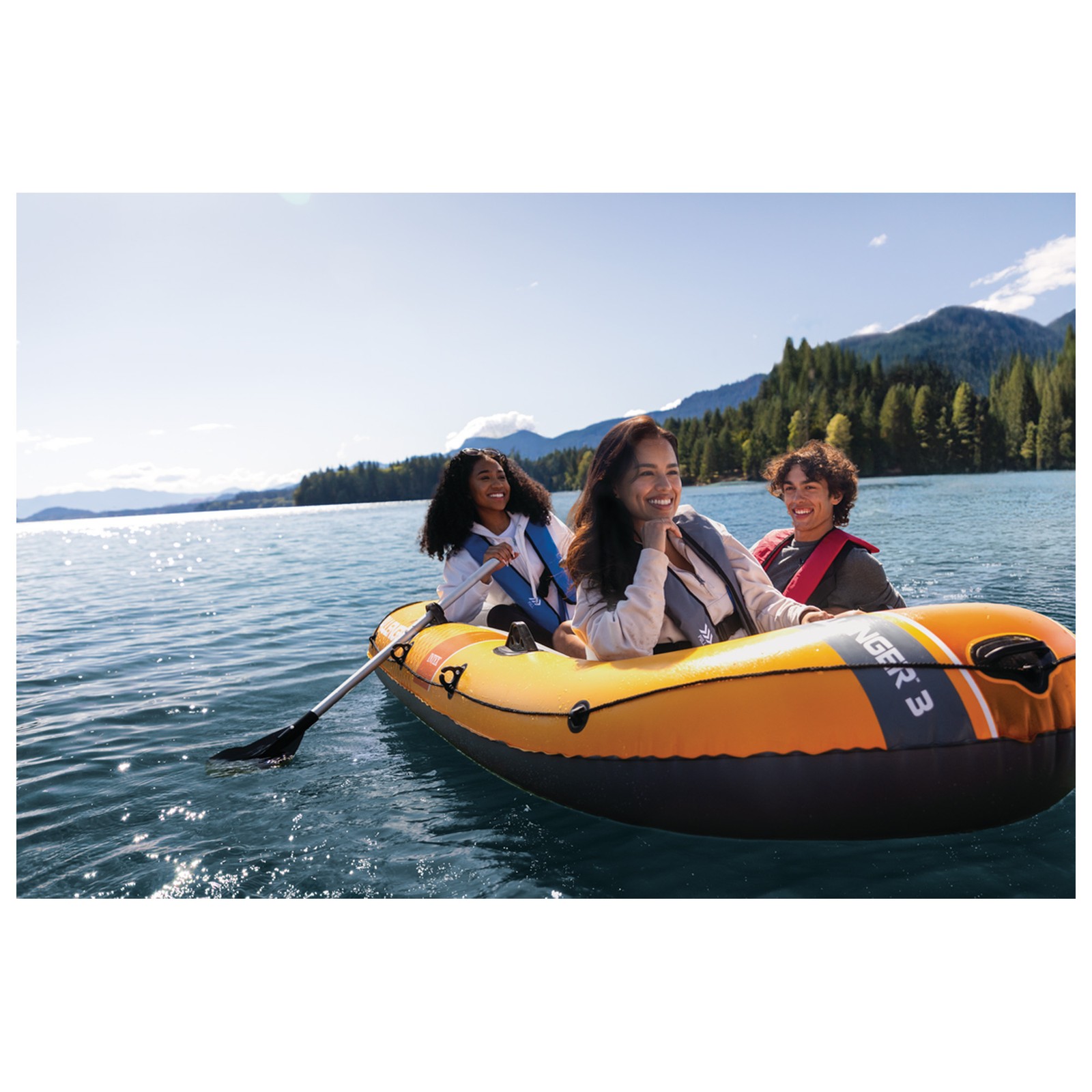 INTEX Challenger 3 Inflatable Boat Set with 54″ Oars, Pump, & Oar Locks (Used)