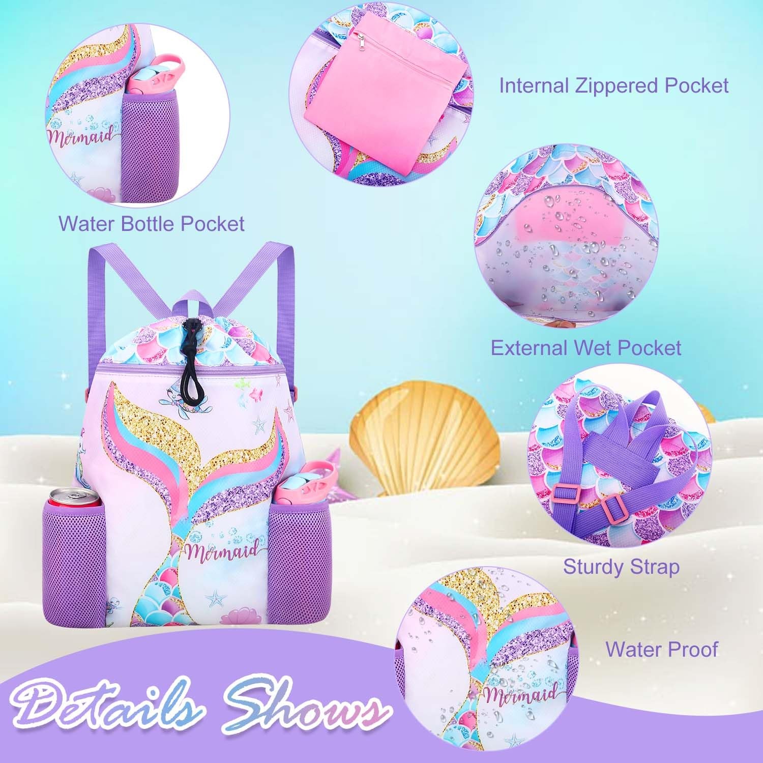 RHCPFOVR Mermaid Swim Bags for Kids – Drawstring Backpack One Size,