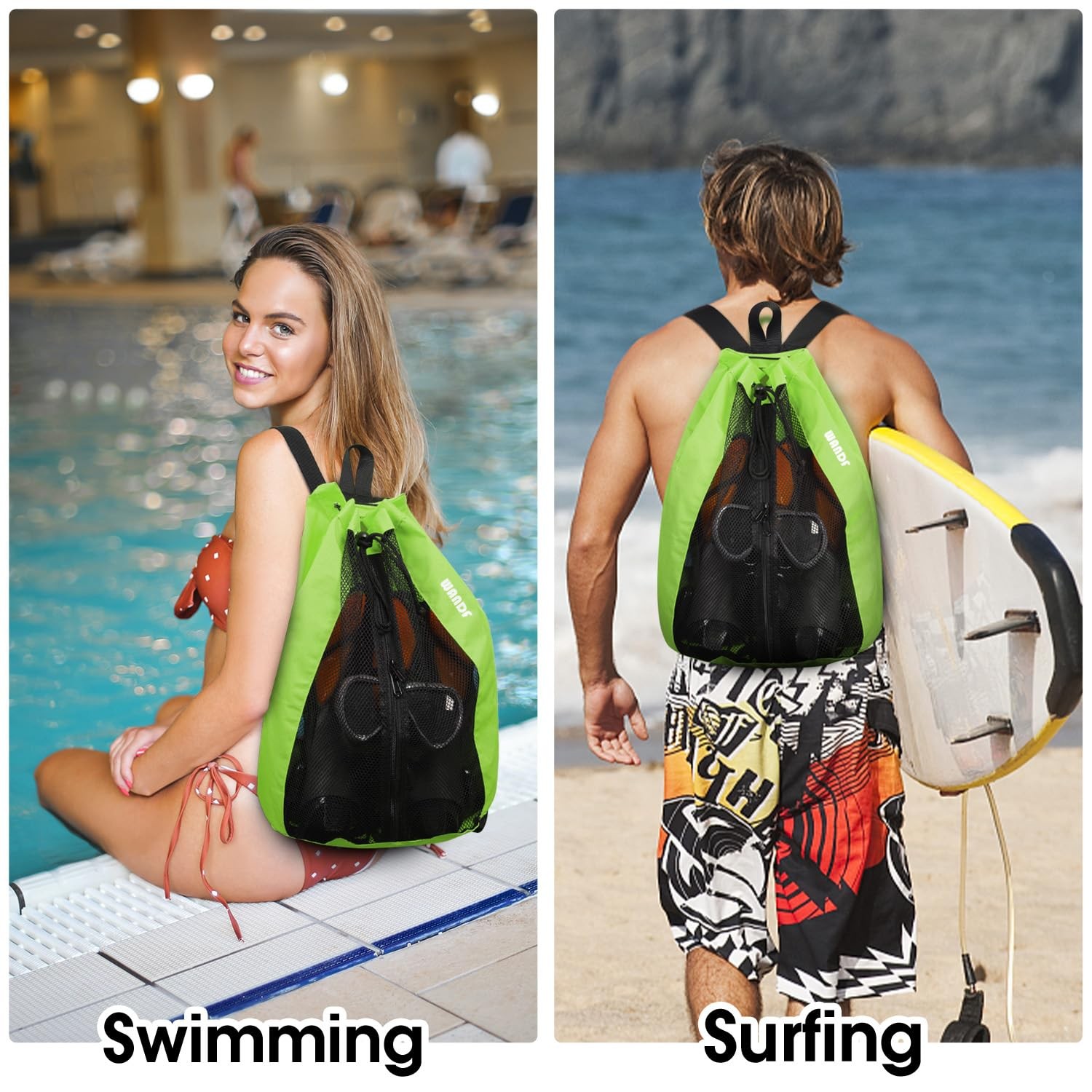 Swim Bag Mesh Drawstring Backpack Beach Gym Workout Gear Organizer Bag