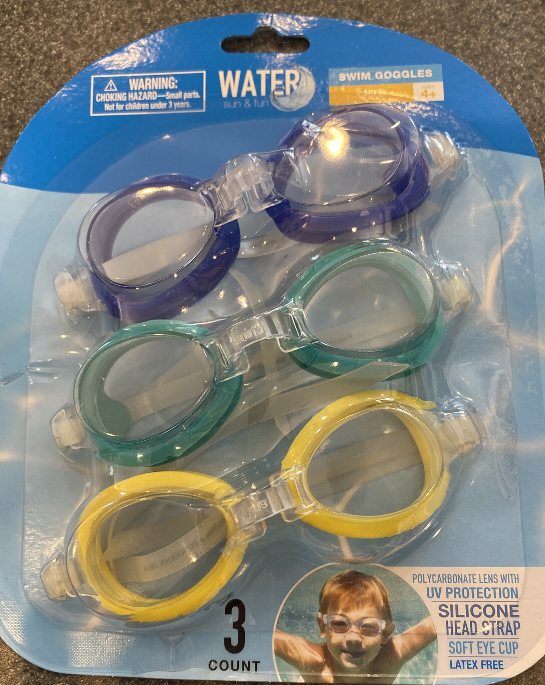 Water Sun & Fun Swim Goggles Polycarbonate Lens w/UV Protection 3 Pack Child 4+