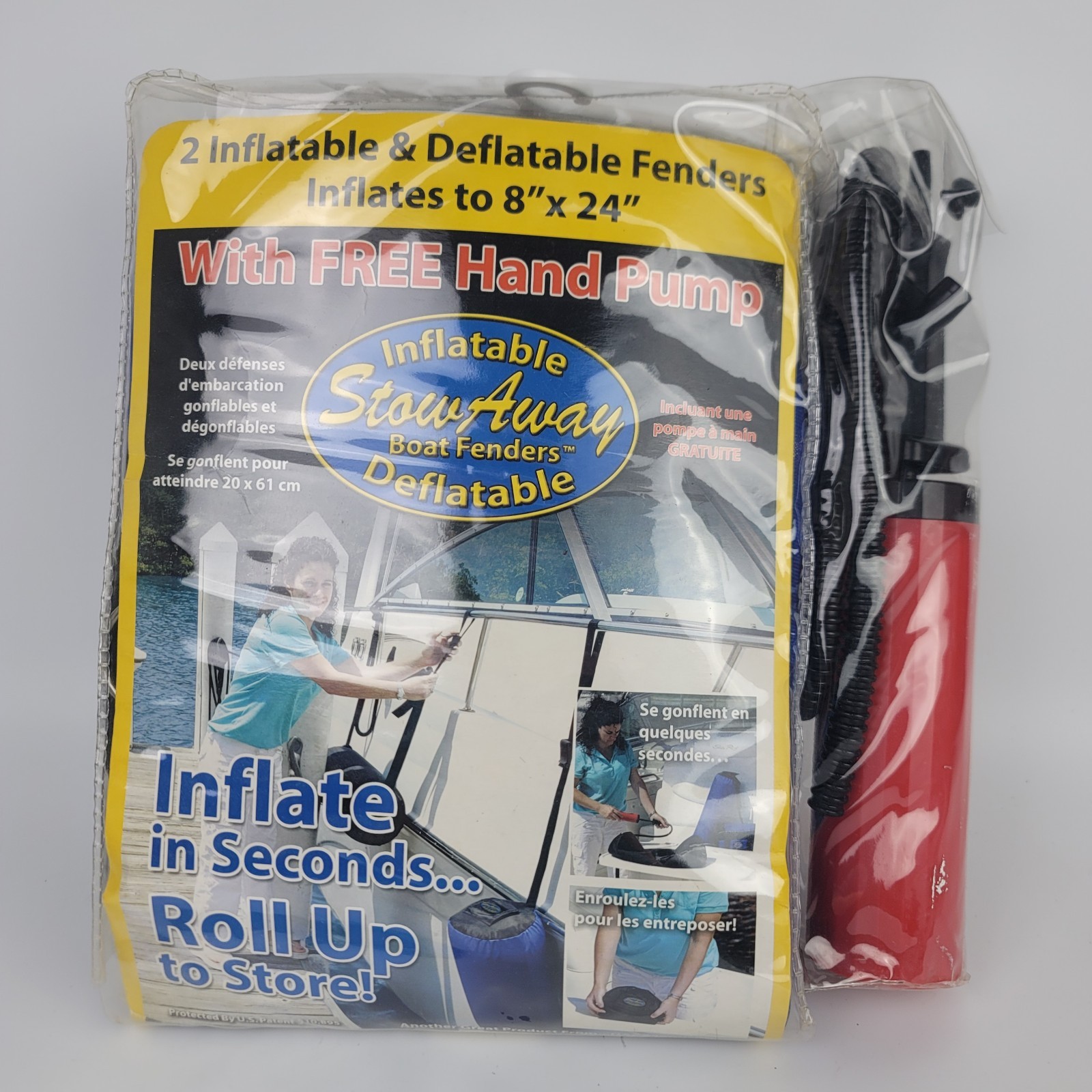 Stowaway Inflatable Deflatable Boat Fender Bumper w/ Pump [2 – 8”x 24″] NOS