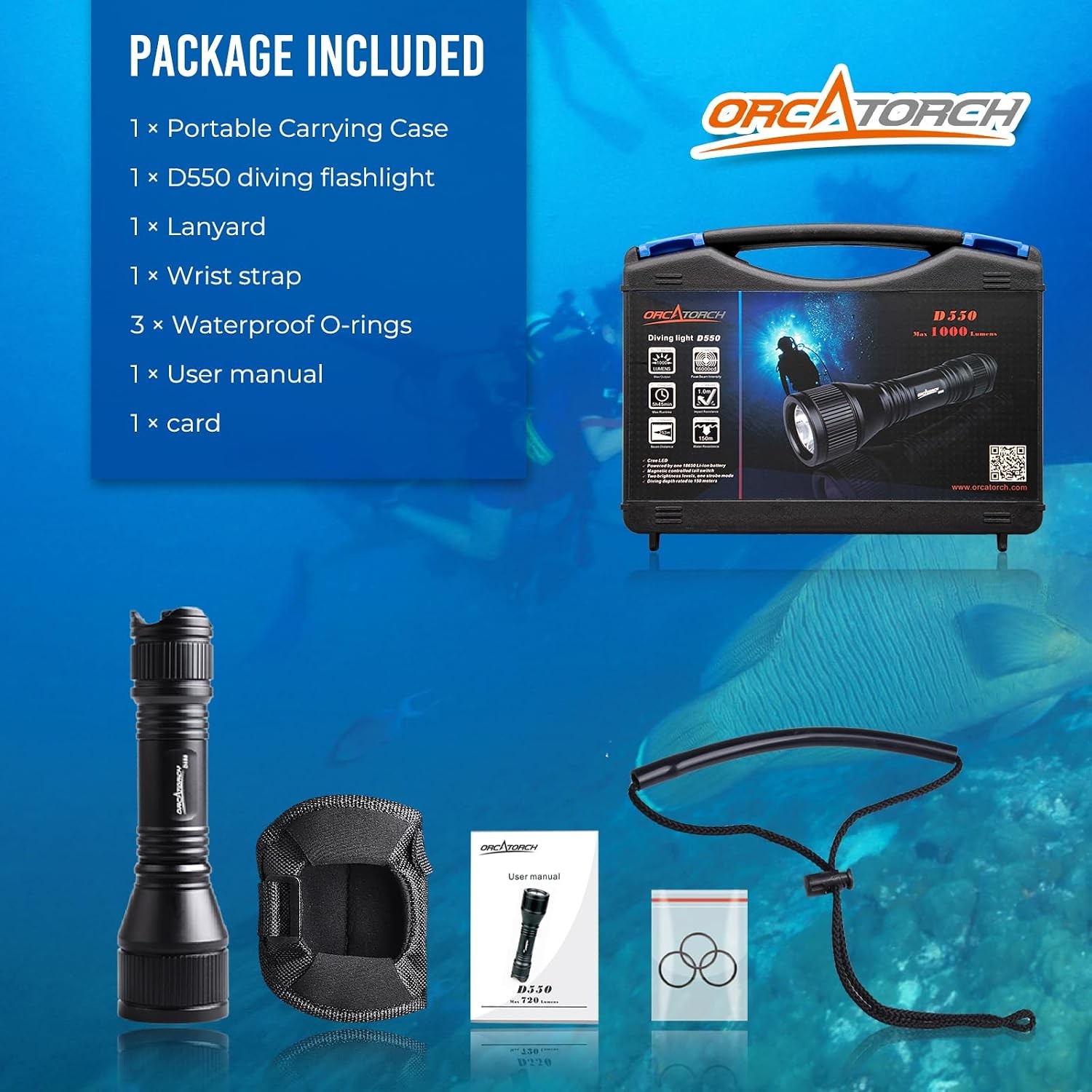 D550 Dive Light 1000 Lumens Scuba Diving Flashlight 3 Modes IP68 Waterproof Unde