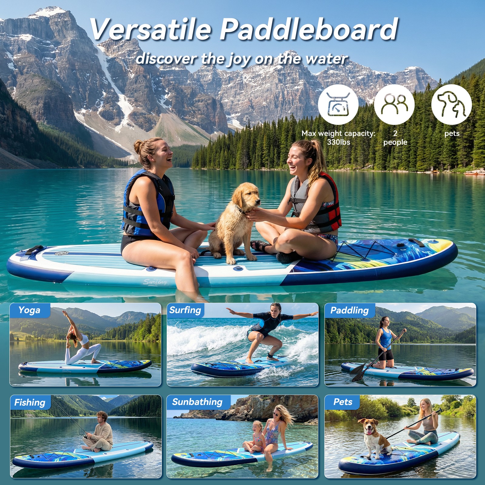 11FT Inflatable SUP Surfboard 33″ Wide 330LBS Kayak Seat 3-Fin Complete System