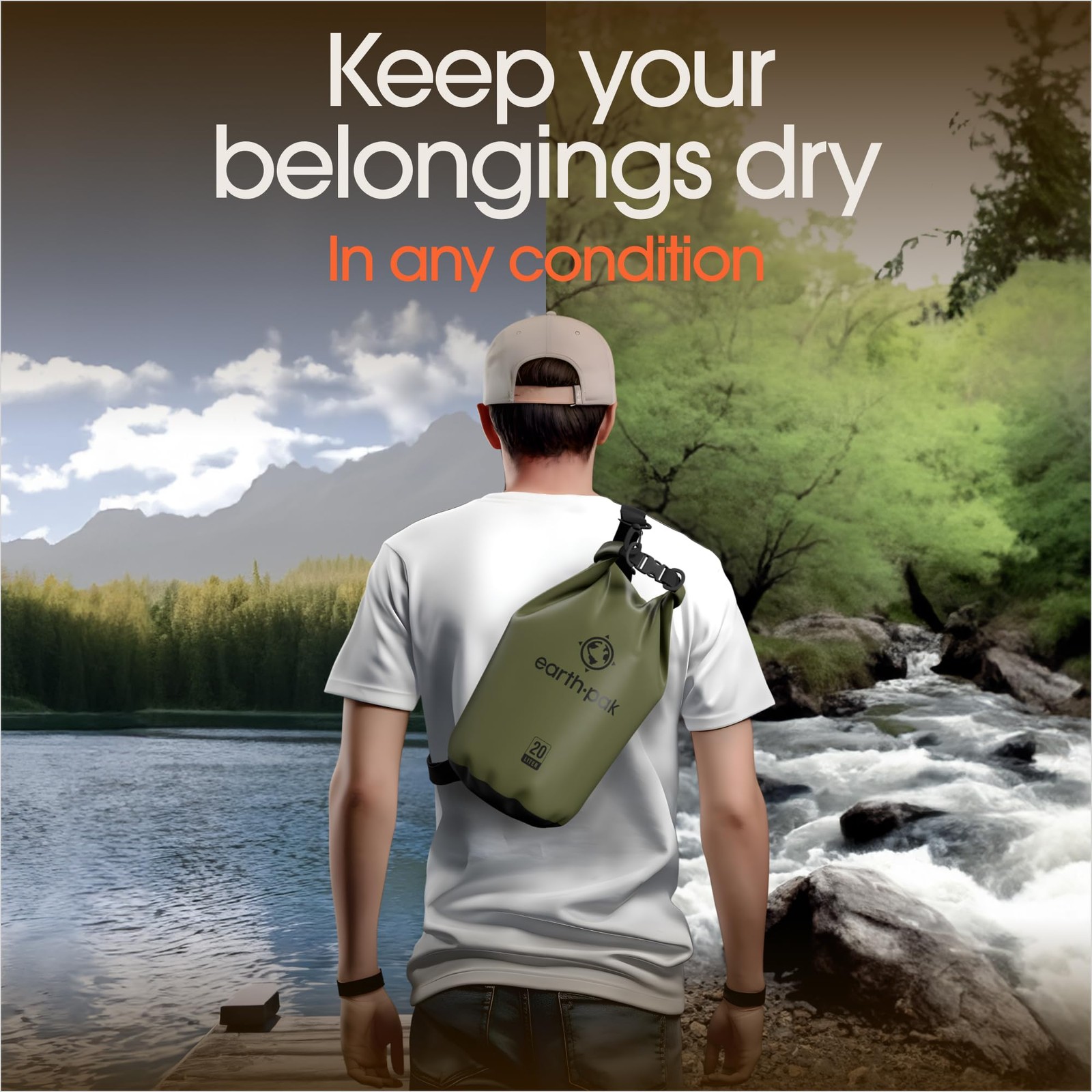 Earth Pak Waterproof Dry Bag – Roll Top Backpack Sack 30L, Orange