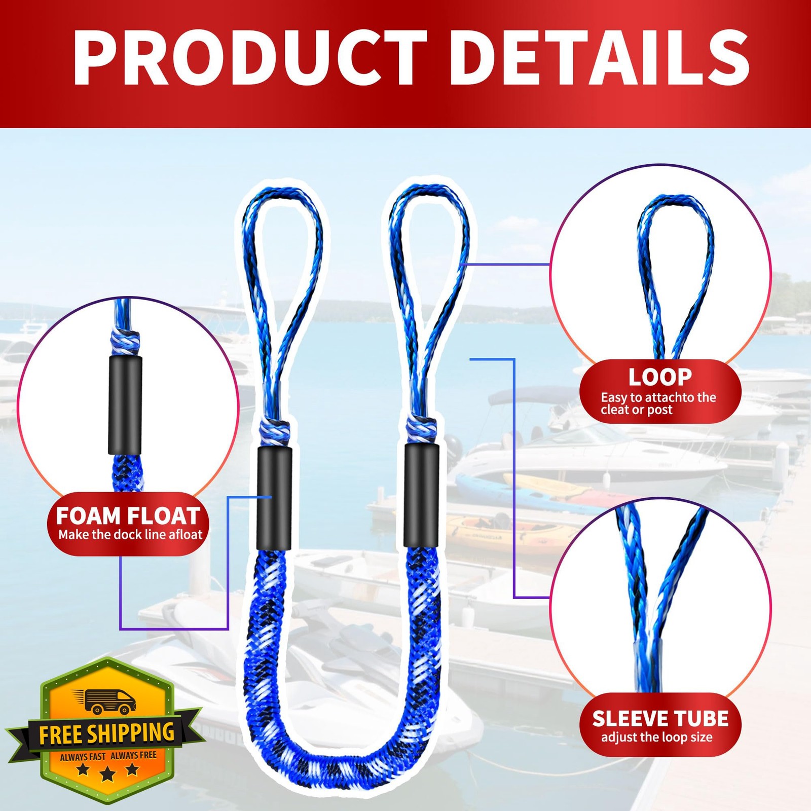 NIUTRIP Bungee Dock Line Blue White Black 4FT 2PC