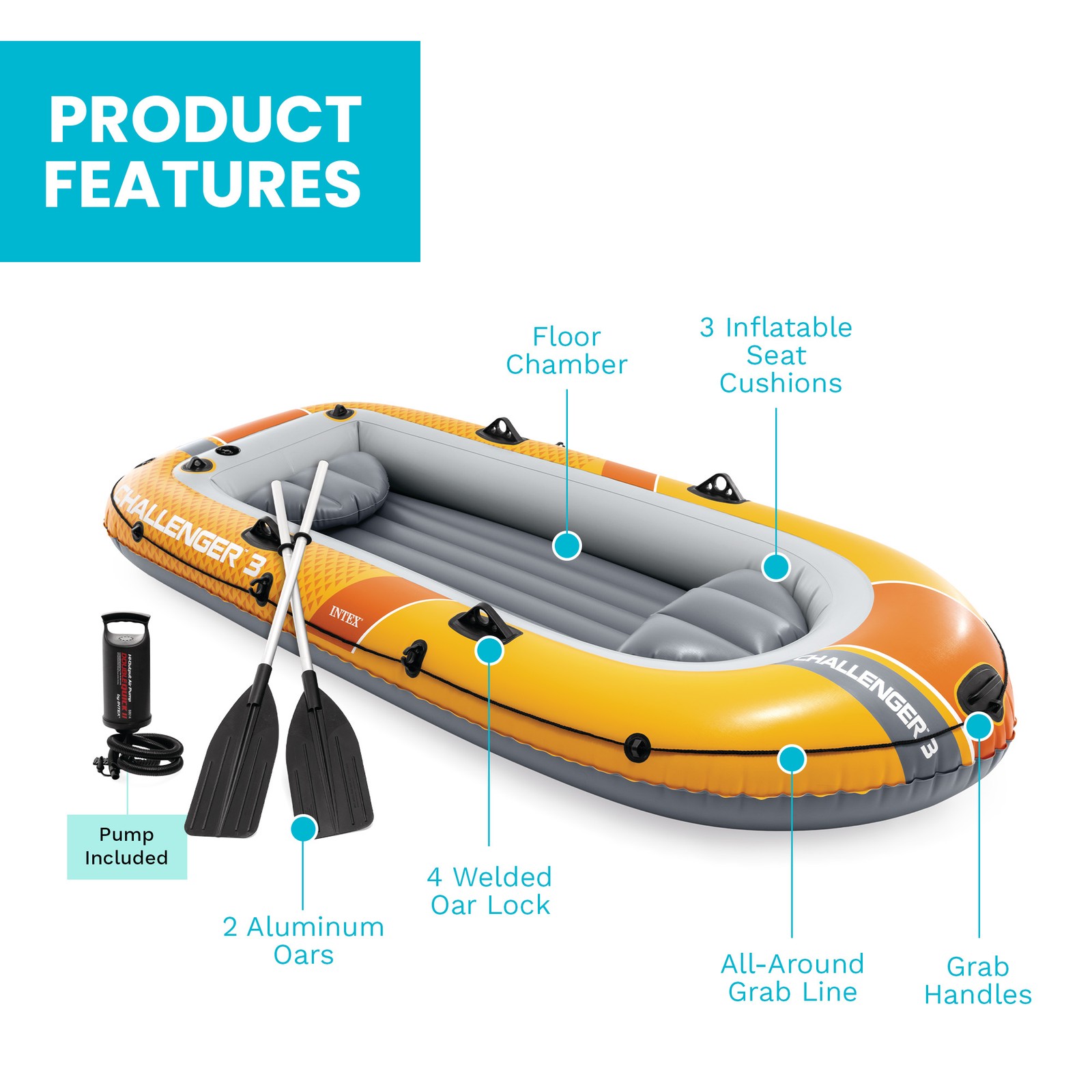 INTEX Challenger 3 Inflatable Boat Set with 54″ Oars, Pump, & Oar Locks (Used)