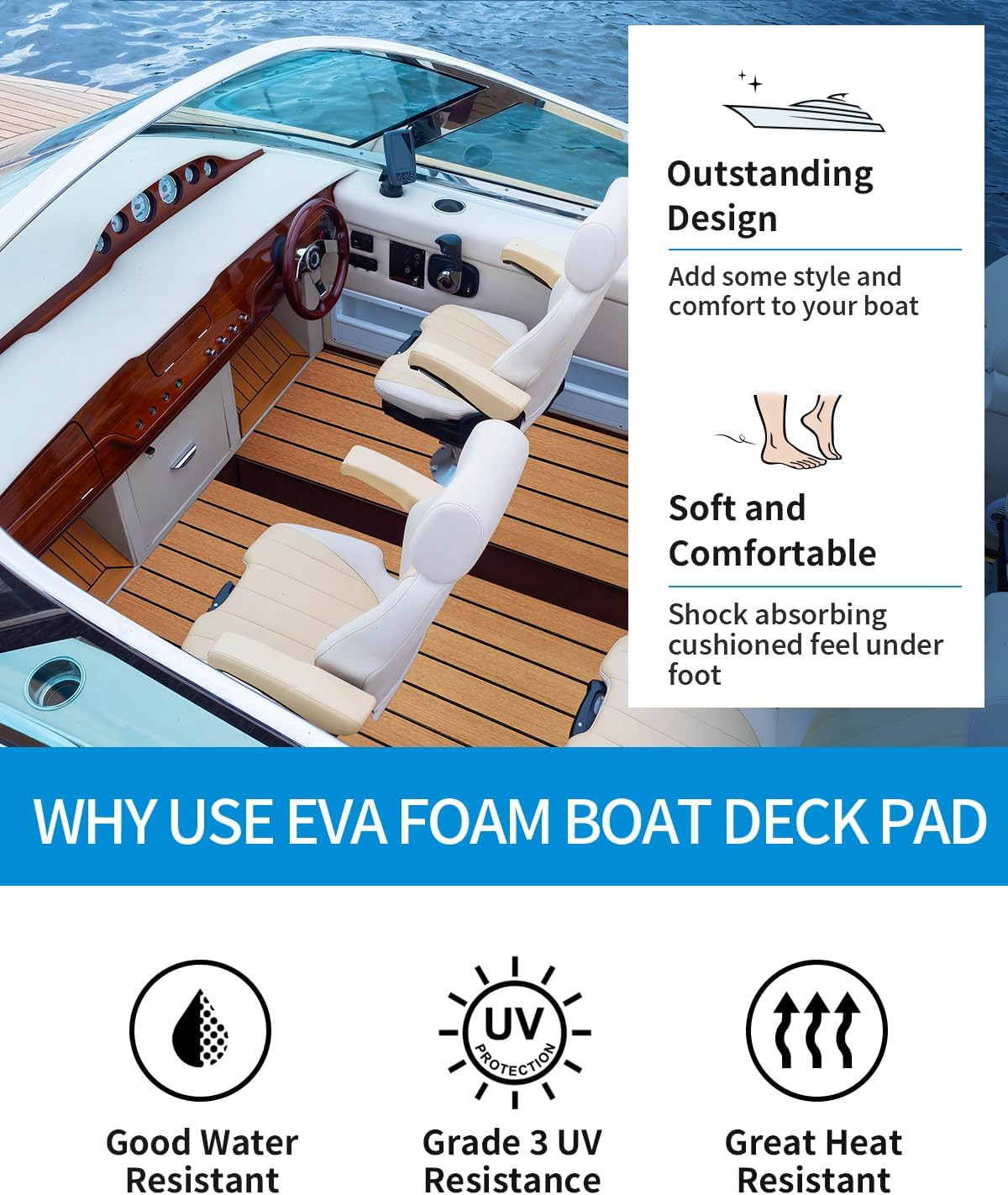 Boat Flooring EVA Foam Self-Adhesive Faux Teak Marine Decking | Double-Layer, No