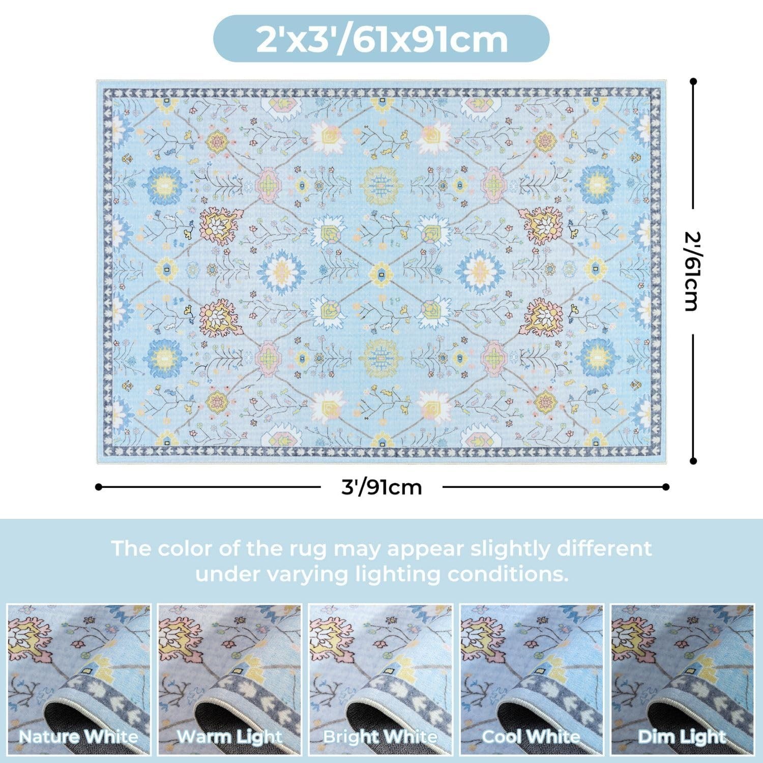 2×3 Area Rugs, Washable Floral Boho Rugs, Non Slip Low Pile Small Carpet, Ind…