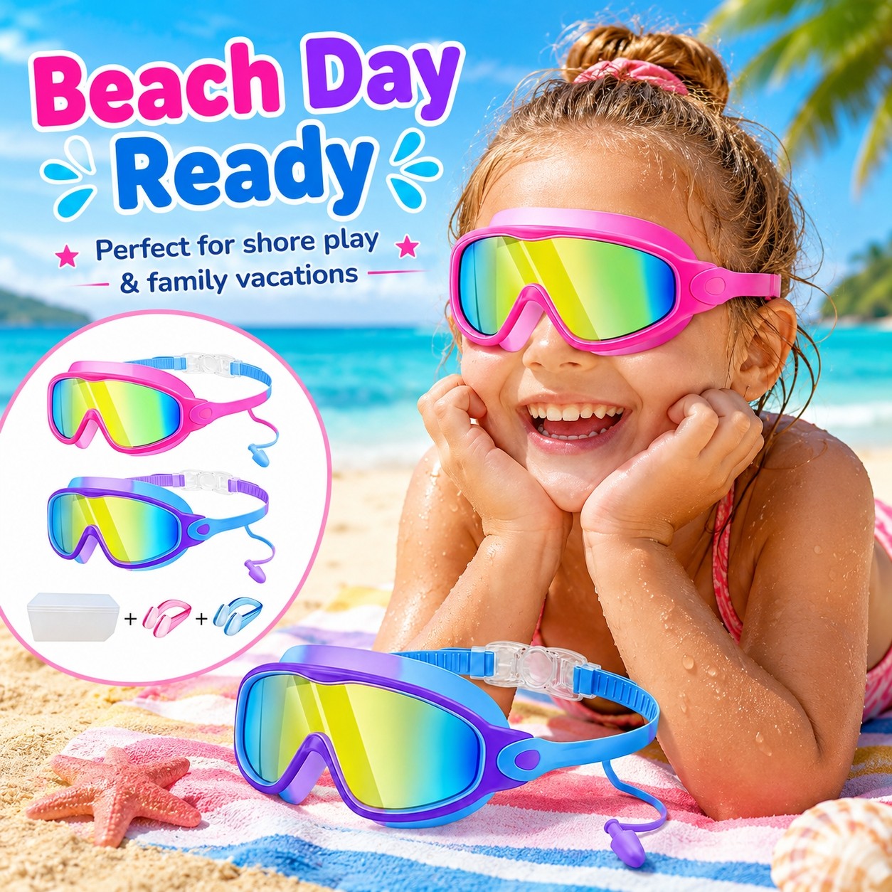 4 Pack Children’s Swimming Goggles,With Nose Clip & Earplug,3-14 Years Boy/Girl