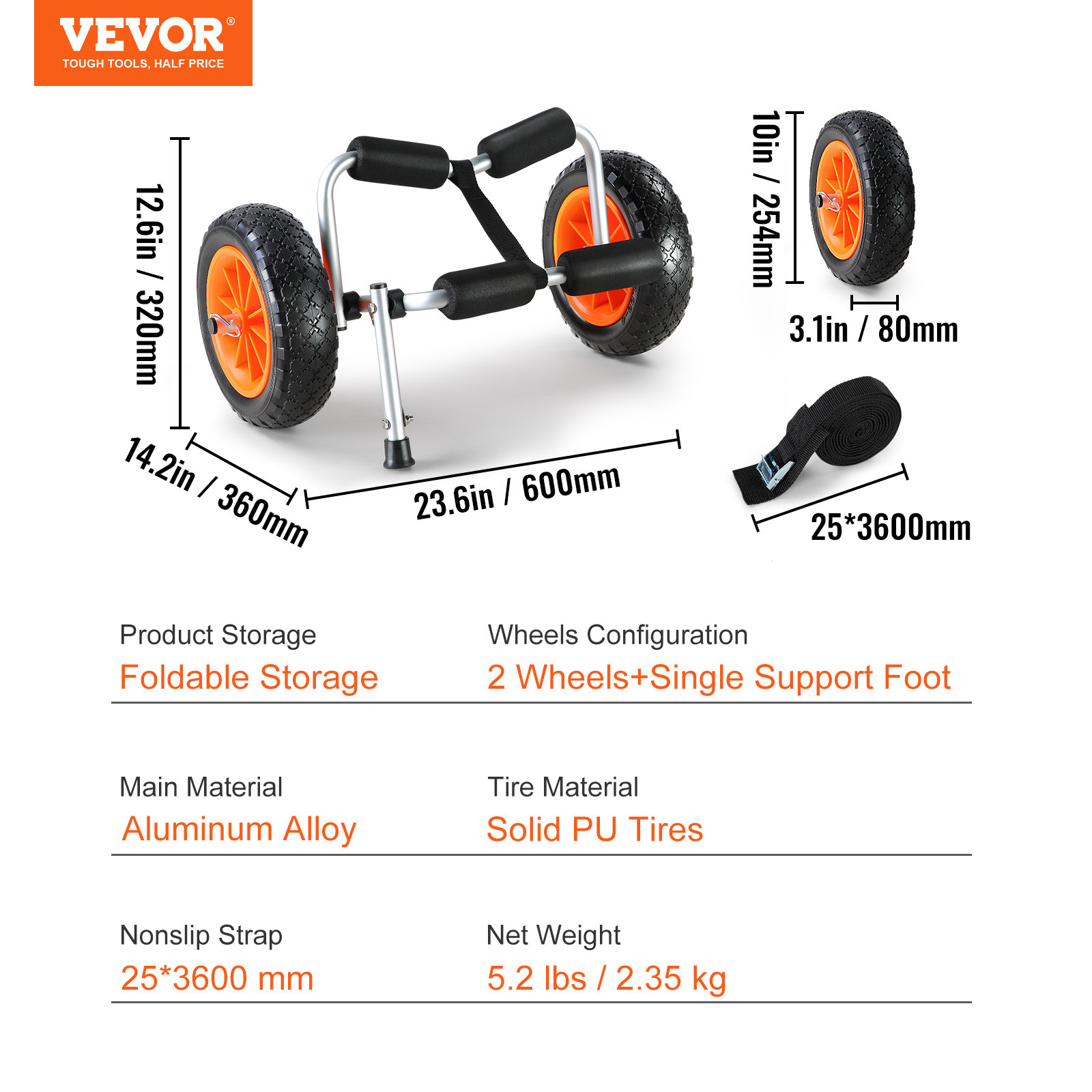 VEVOR Foldable Kayak Cart Canoe Boat Carrier 250lbs Load with 10” Solid Tires