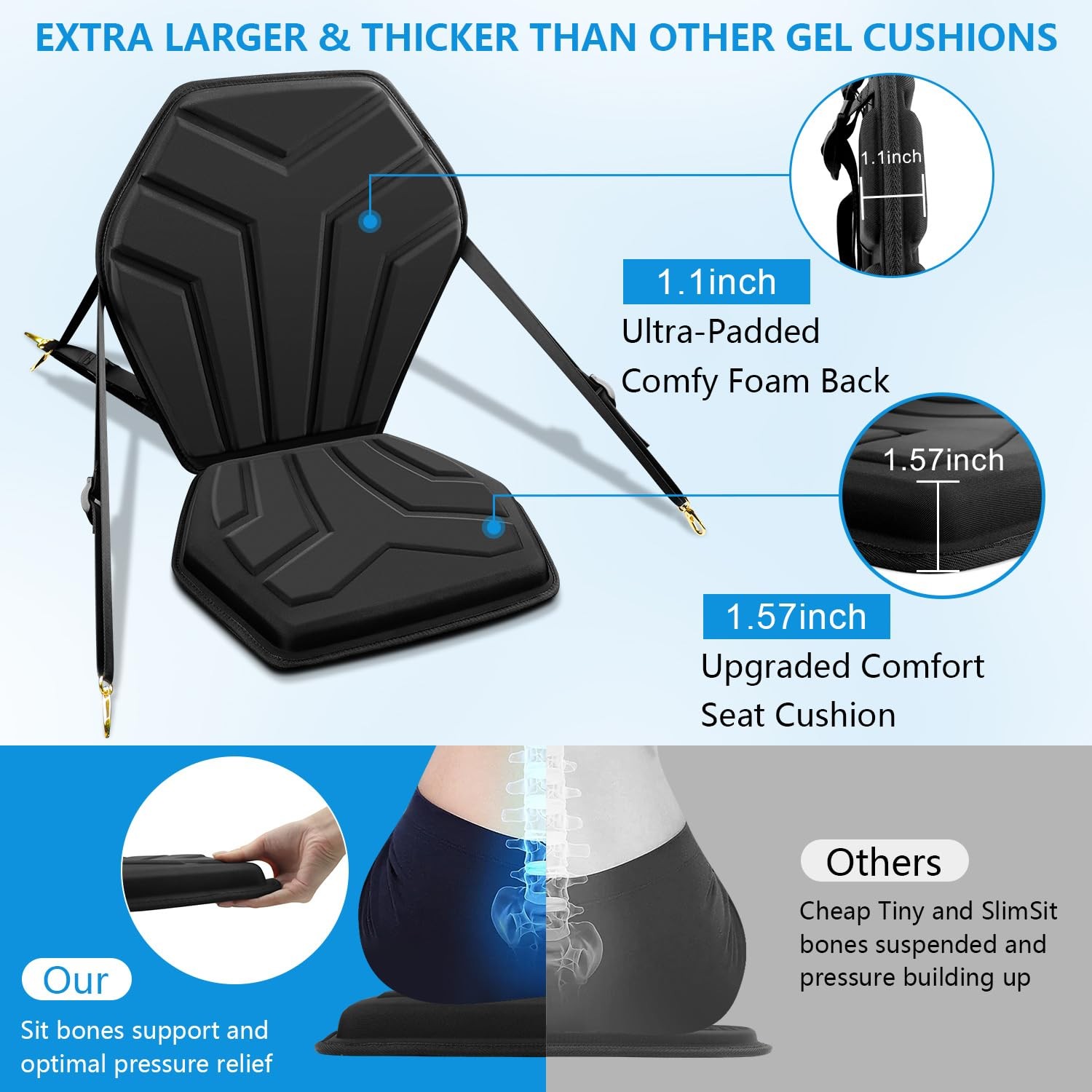 HLOGREE 6-Point Attachment – Thick Padded Kayak Seat Cushion Thicken, BLACK