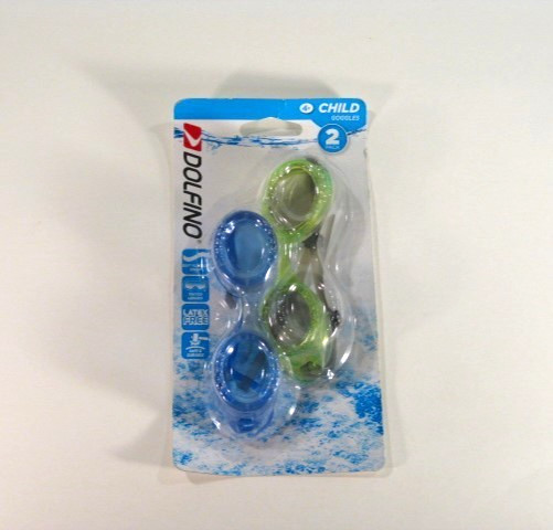 CHILD SWIM GOGGLES Dolfino 2 Pack Blue Green Tinted Lens Latex Free NEW SEALED