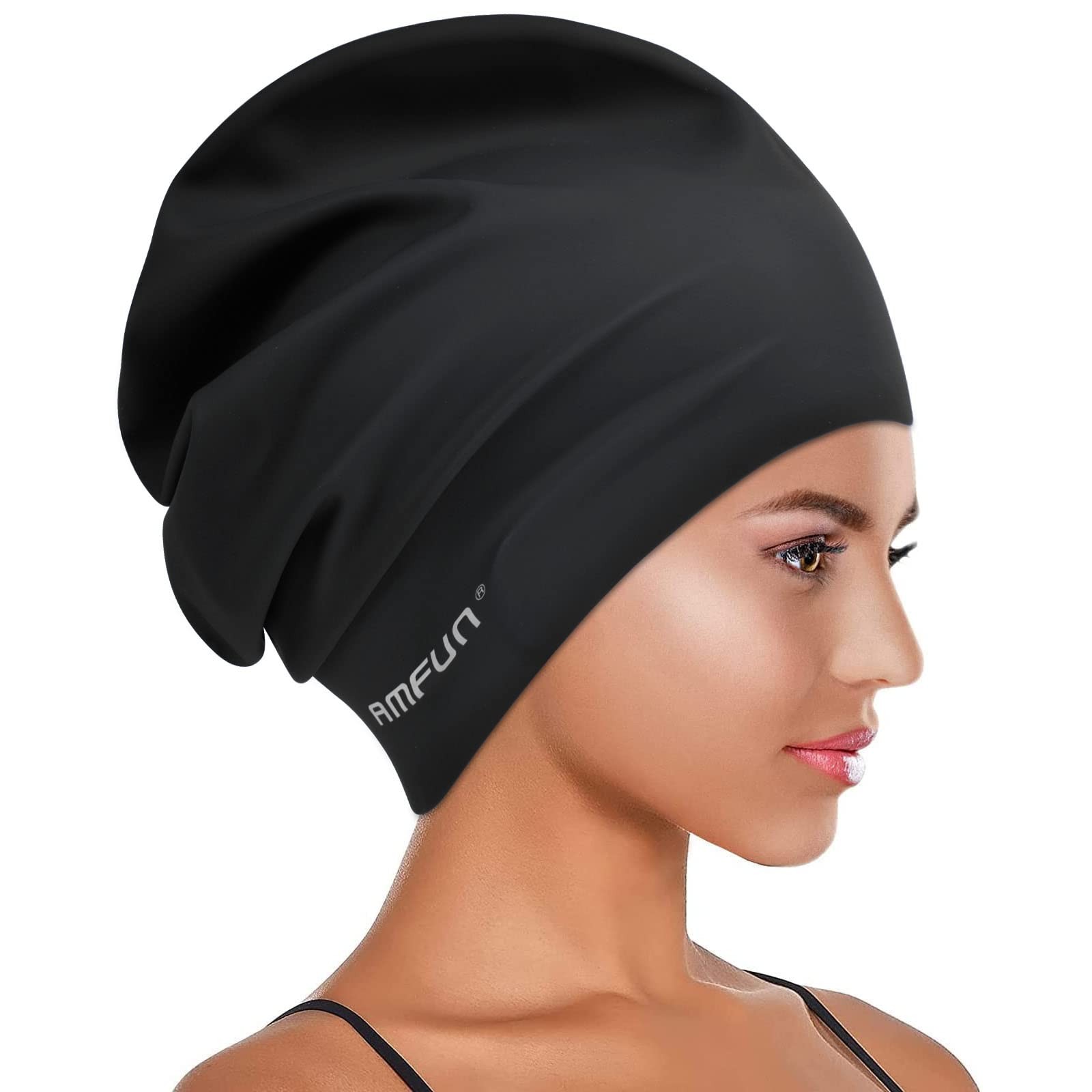 AMFUN Swimming Cap for Long Hair, Extra Large Caps 1 pack, black