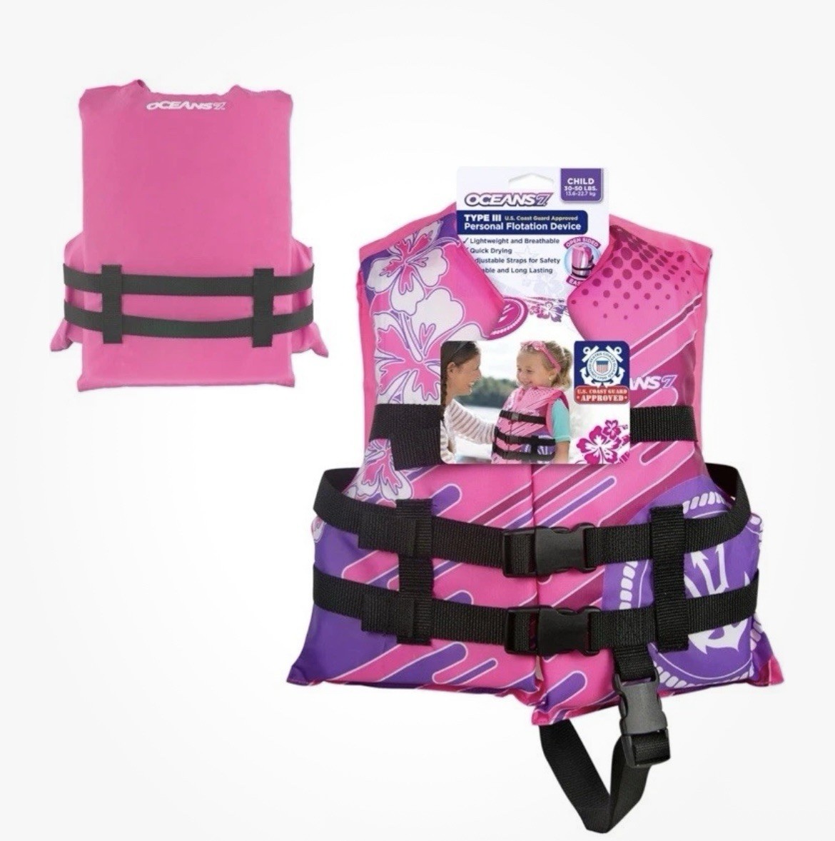 Oceans7 Flex Form Child Type III PFD Life Jacket Vest for 30-50lb,Pink