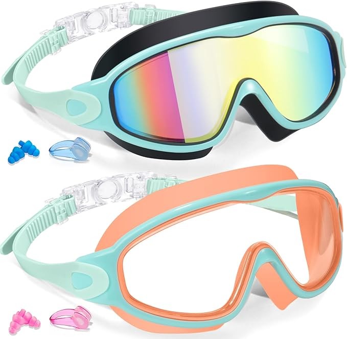 2 Pack Kids Swimming Goggles Wide View Anti Fog UV Protection Adjustable Strap