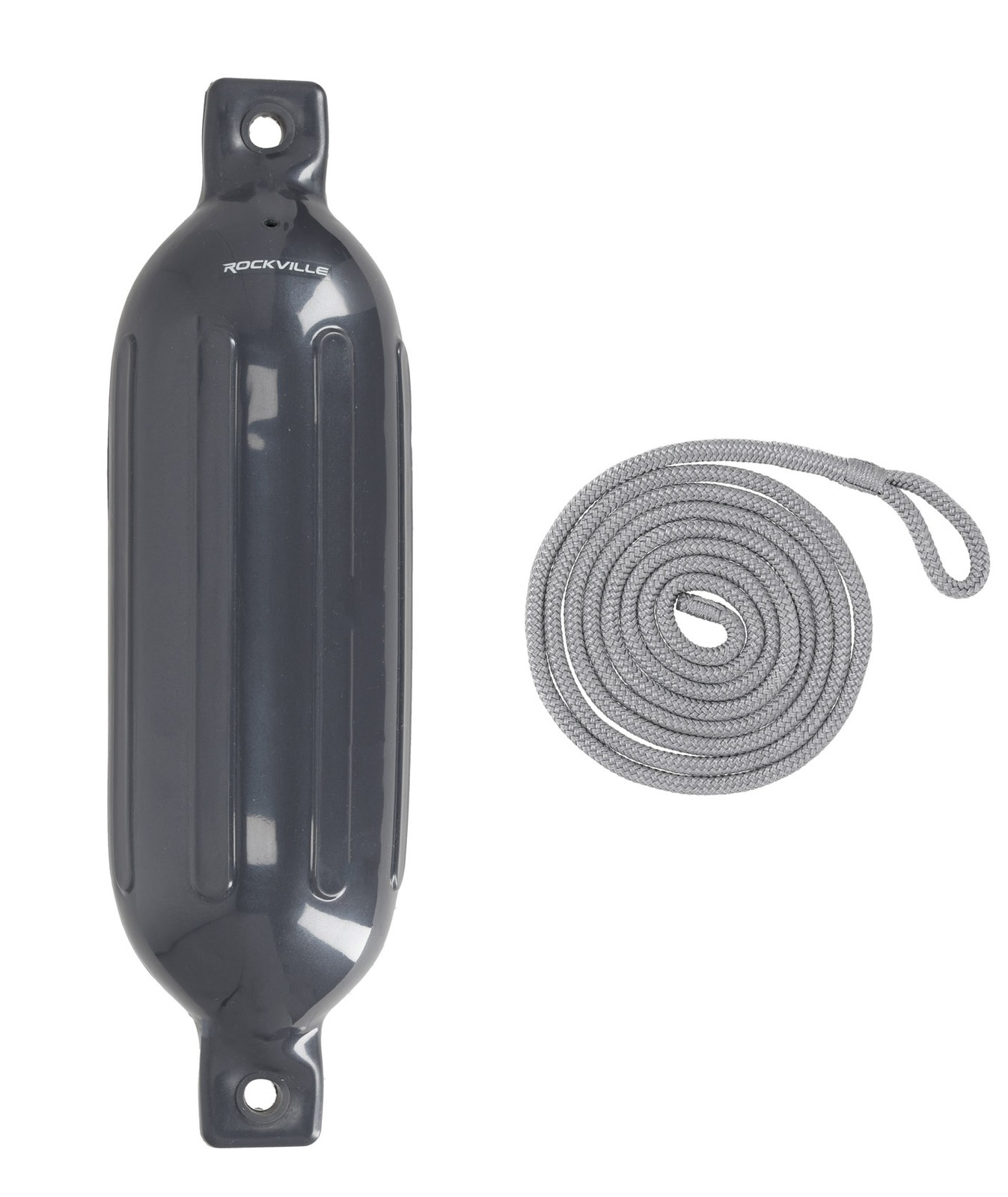 (2) Rockville FEN165-GREY 6.5″x23″ Boat Fenders + 10 Foot Line Marine Bumpers