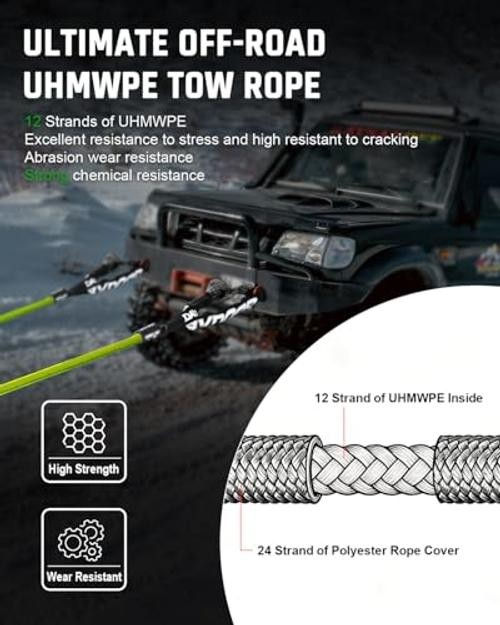 Recovery Tow Rope Kit with 2 Soft Shackles, 7/16 Inch x 30 ft 31,200 Lbs