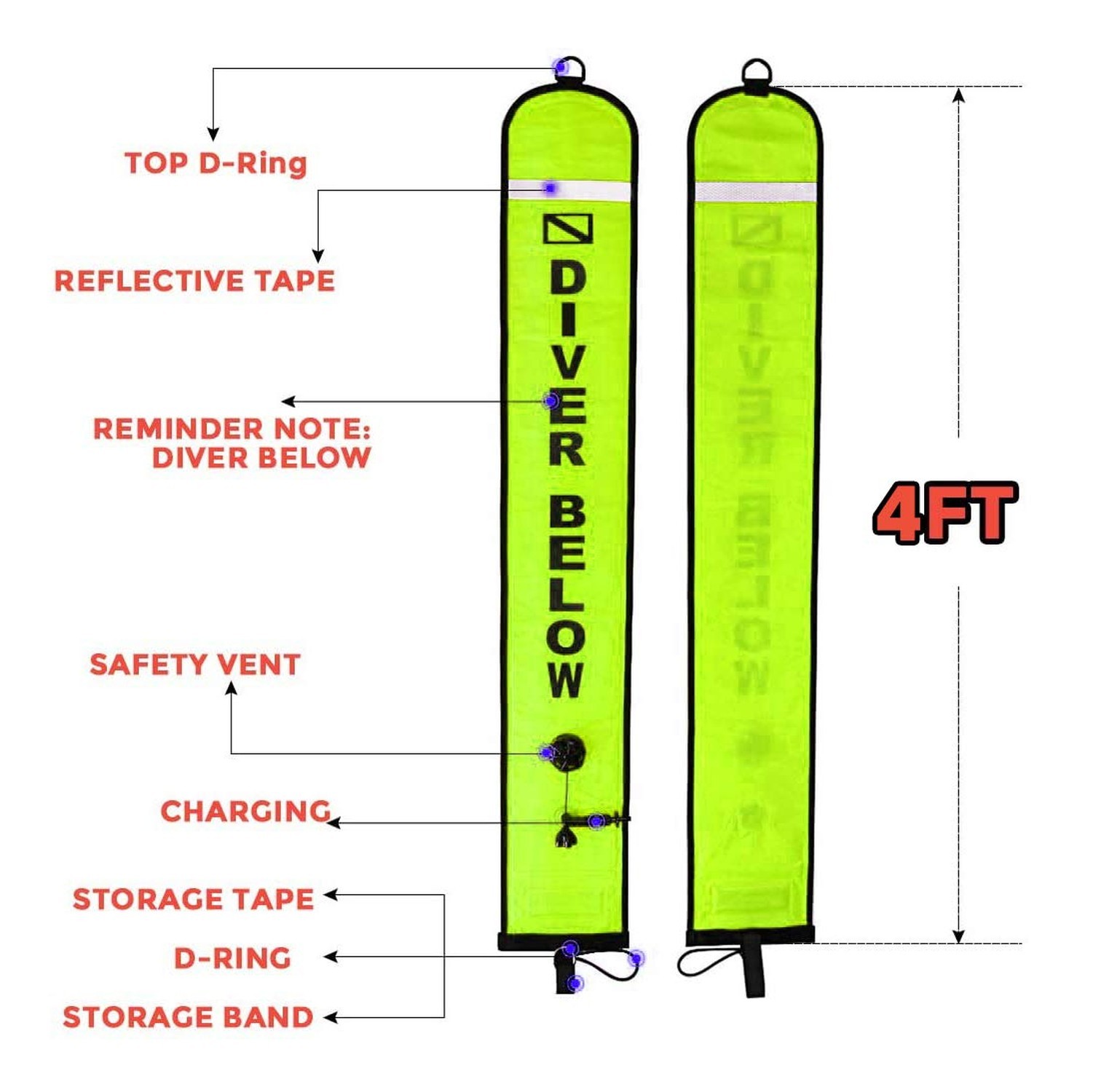 4ft Yellow Scuba Diving SMB, Open Bottom Surface Marker Buoy with Safety Saus…
