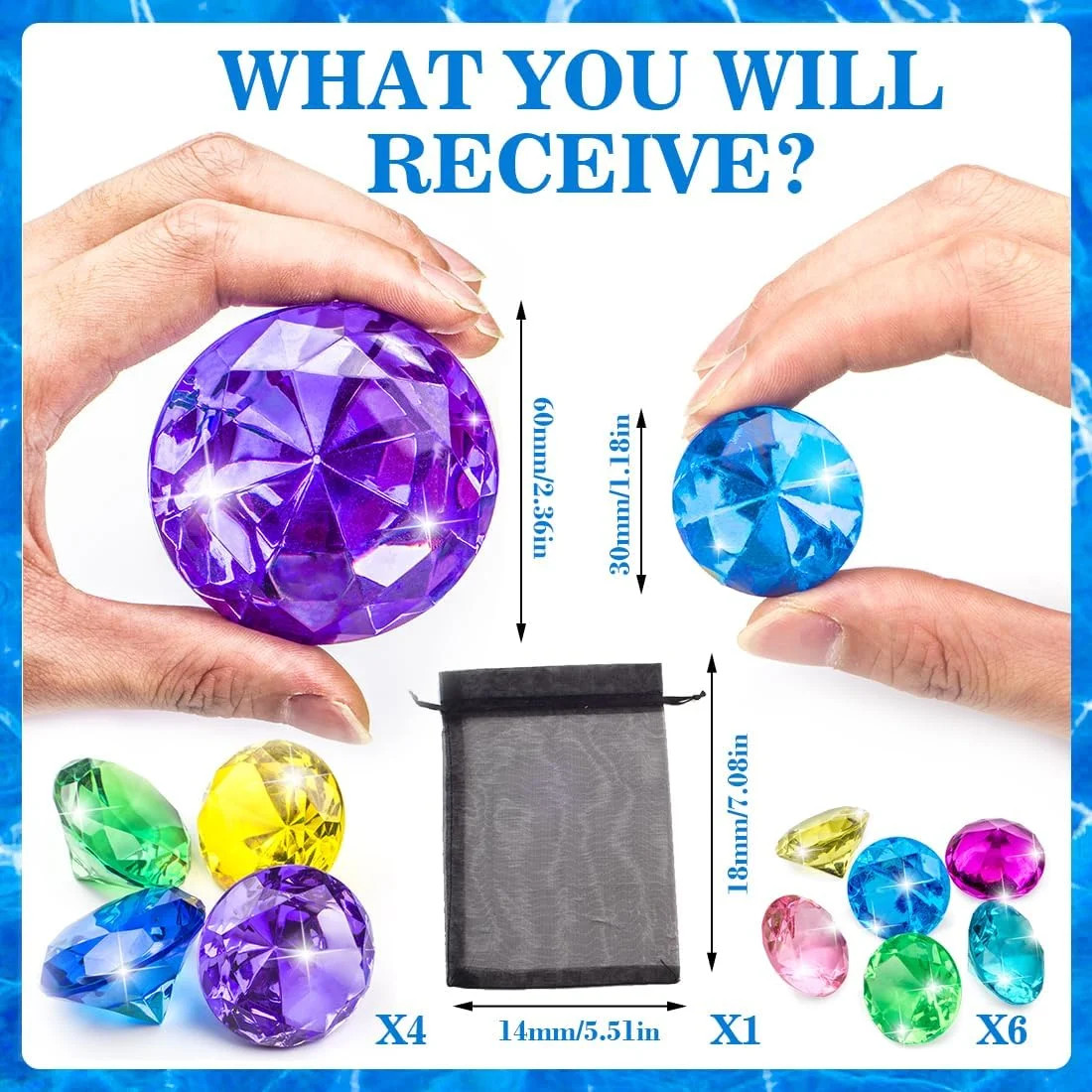 10pcs Extra Large Diving Gems for Pool for Kids,4pcs 60mm Oversized Diamonds and